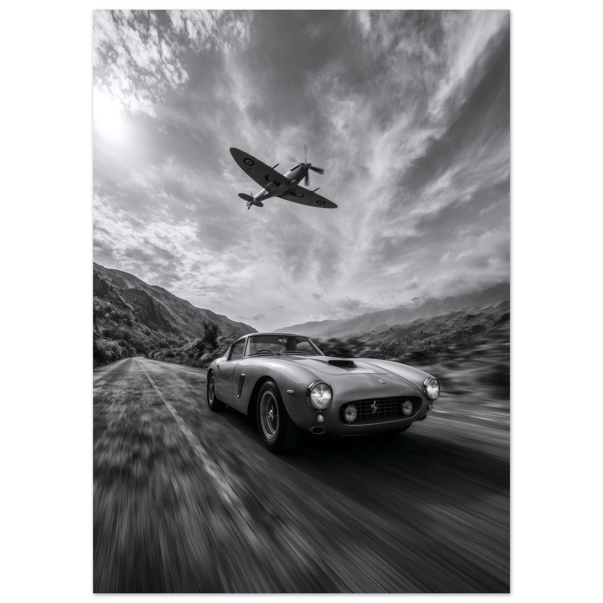 Ferrari & Spitfire art print interior mockup — Cars | Atelier Marbella