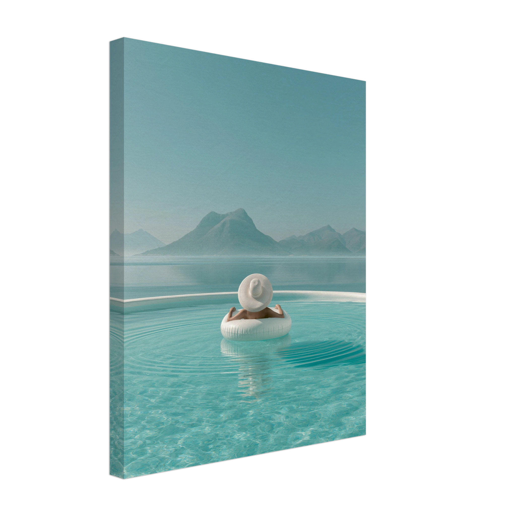 White Hat Infinity Pool — Canvas Print | woman in white hat turquoise infinity pool Mediterranean wall art
