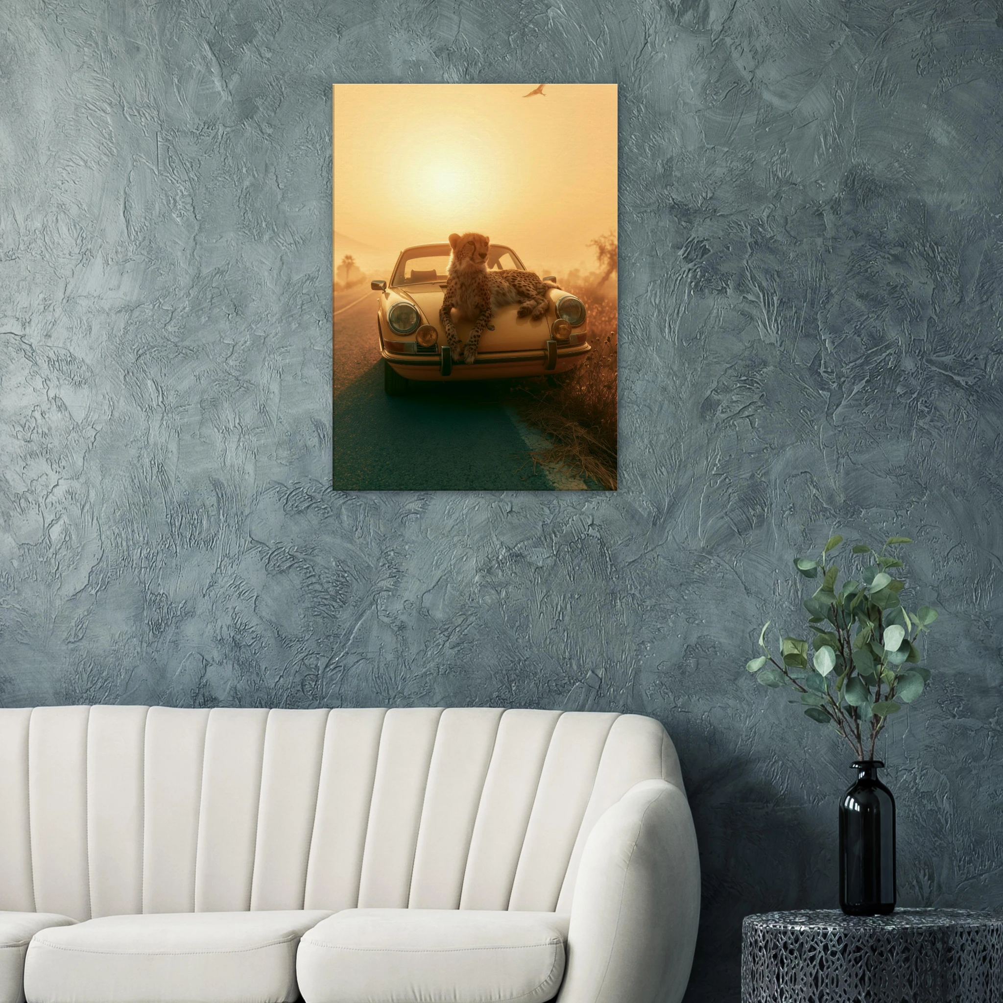 Yellow Porsche and Leopard — Canvas Print | Atelier Marbella
