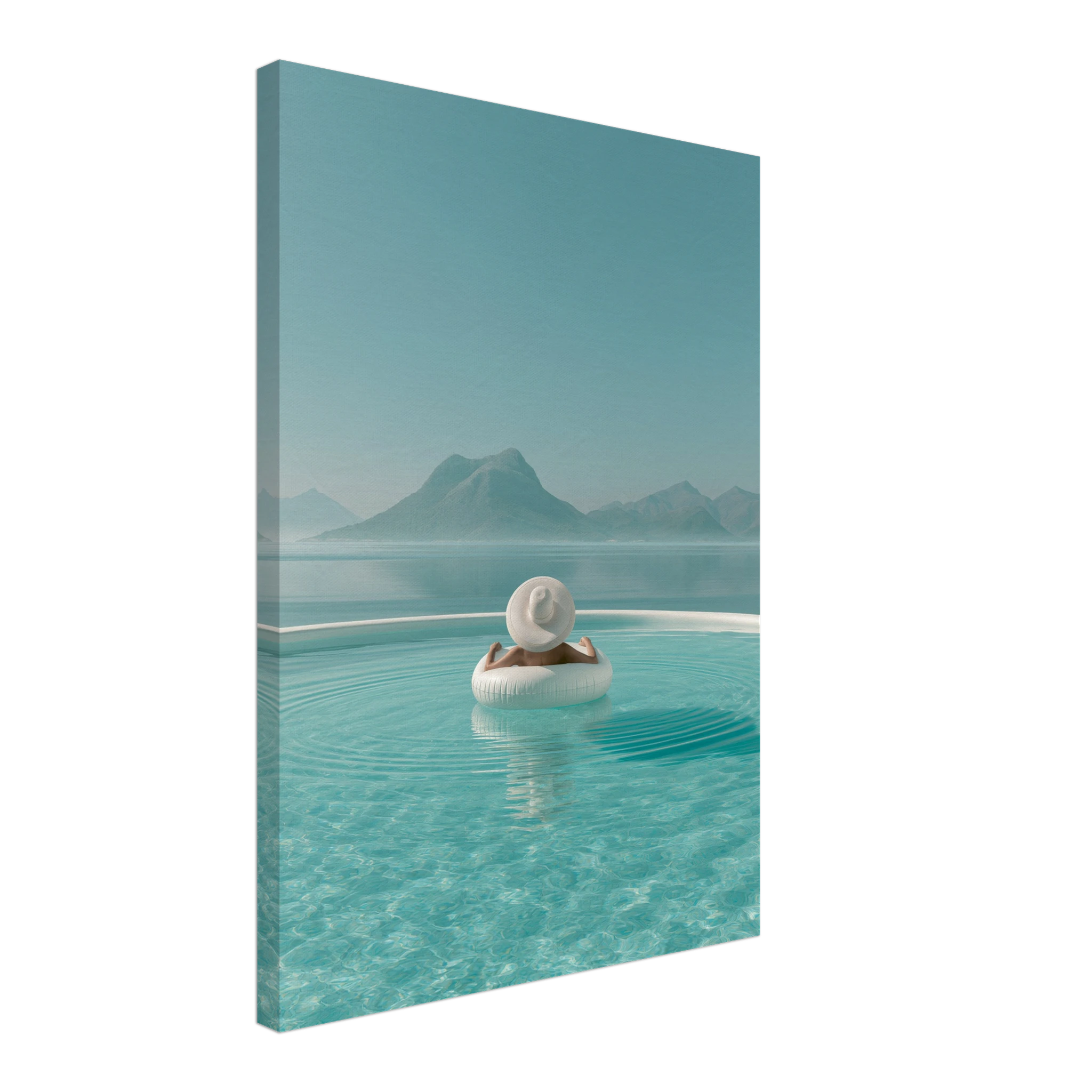 White Hat Infinity Pool — Canvas Print | woman in white hat turquoise infinity pool Mediterranean wall art