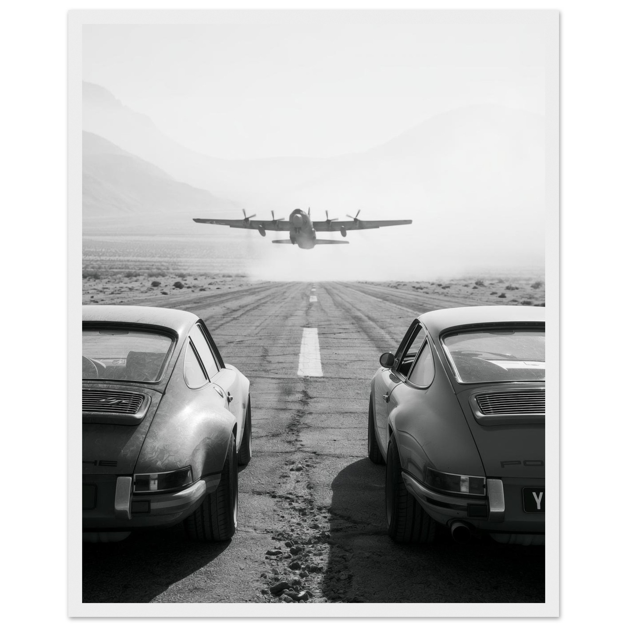 Porsche & WWII Plane art print interior mockup — Cars | Atelier Marbella