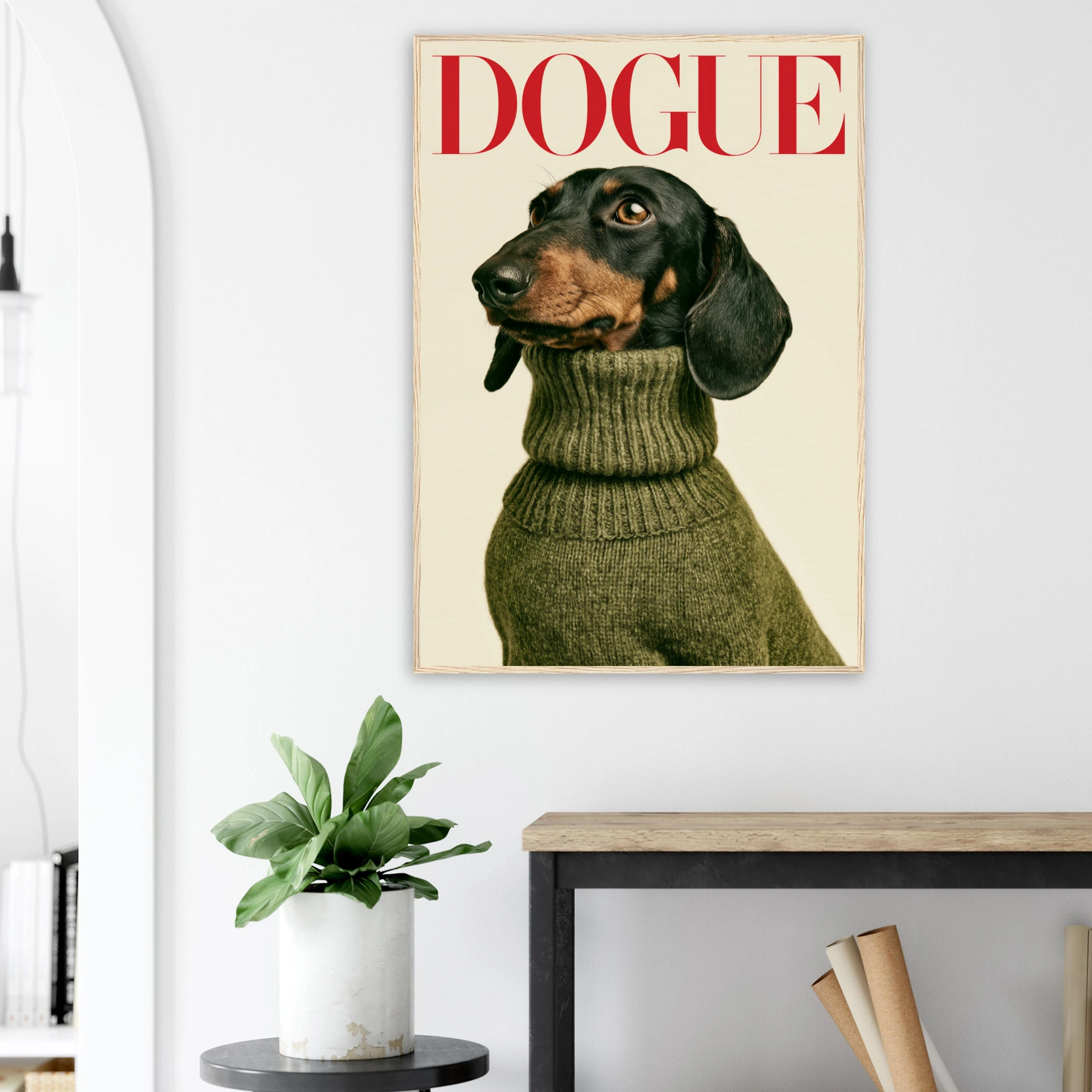 Dachshund Dogue Black Fire framed print styled in a colourful living room — dopamine decor wall art | Atelier Marbella