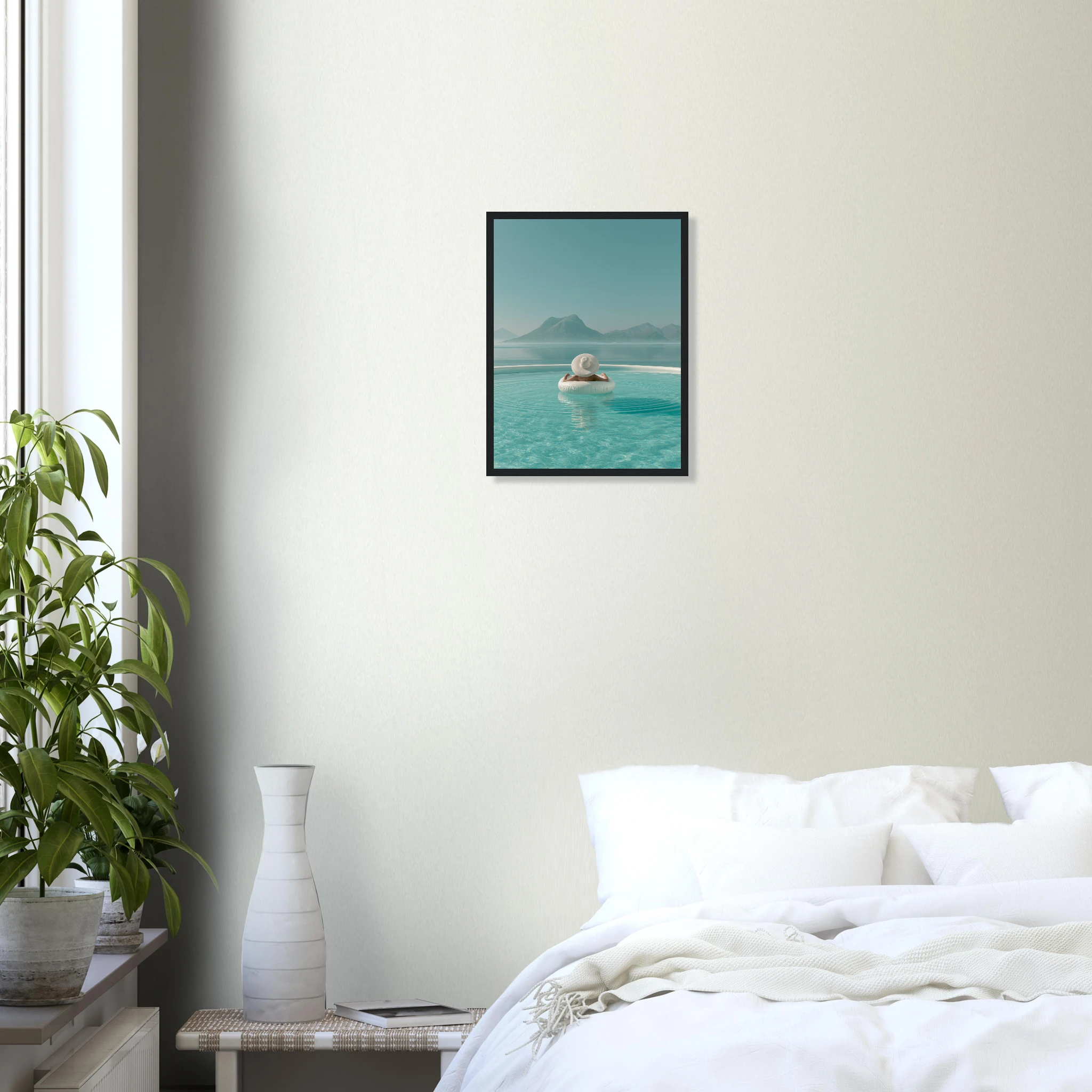 White Hat Infinity Pool — Framed Print | woman white hat Mediterranean pool framed wall art print