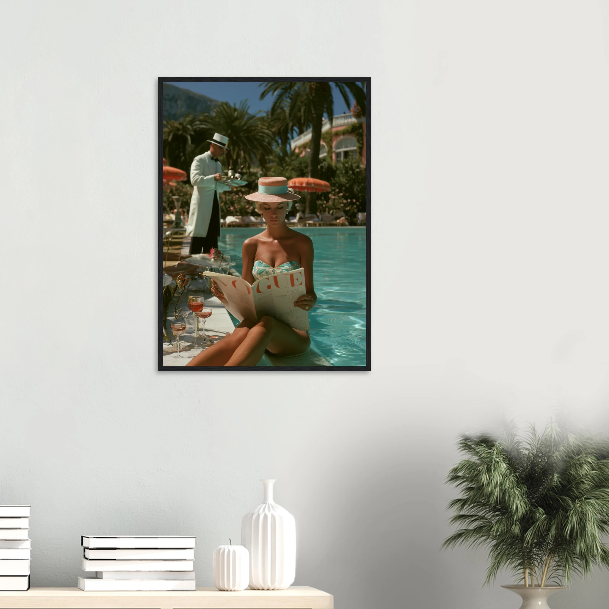 Fashion Lady Vogue Pool Vintage framed print above a rattan console — dopamine decor wall art | Atelier Marbella