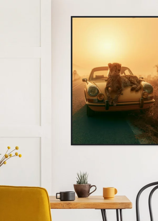 Yellow Porsche and Leopard  — Framed Print