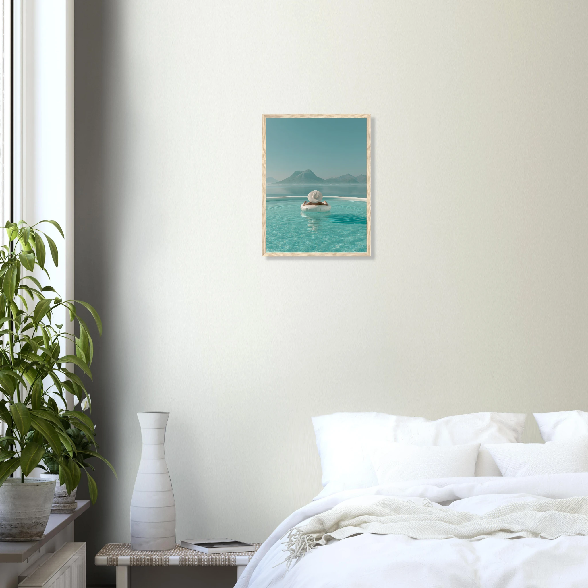 White Hat Infinity Pool — Framed Print | woman white hat Mediterranean pool framed wall art print