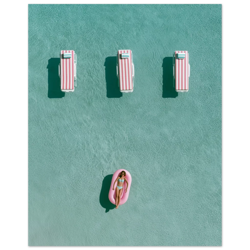 Aerial infinity pool and sunbeds — Art print in room | Atelier Marbella