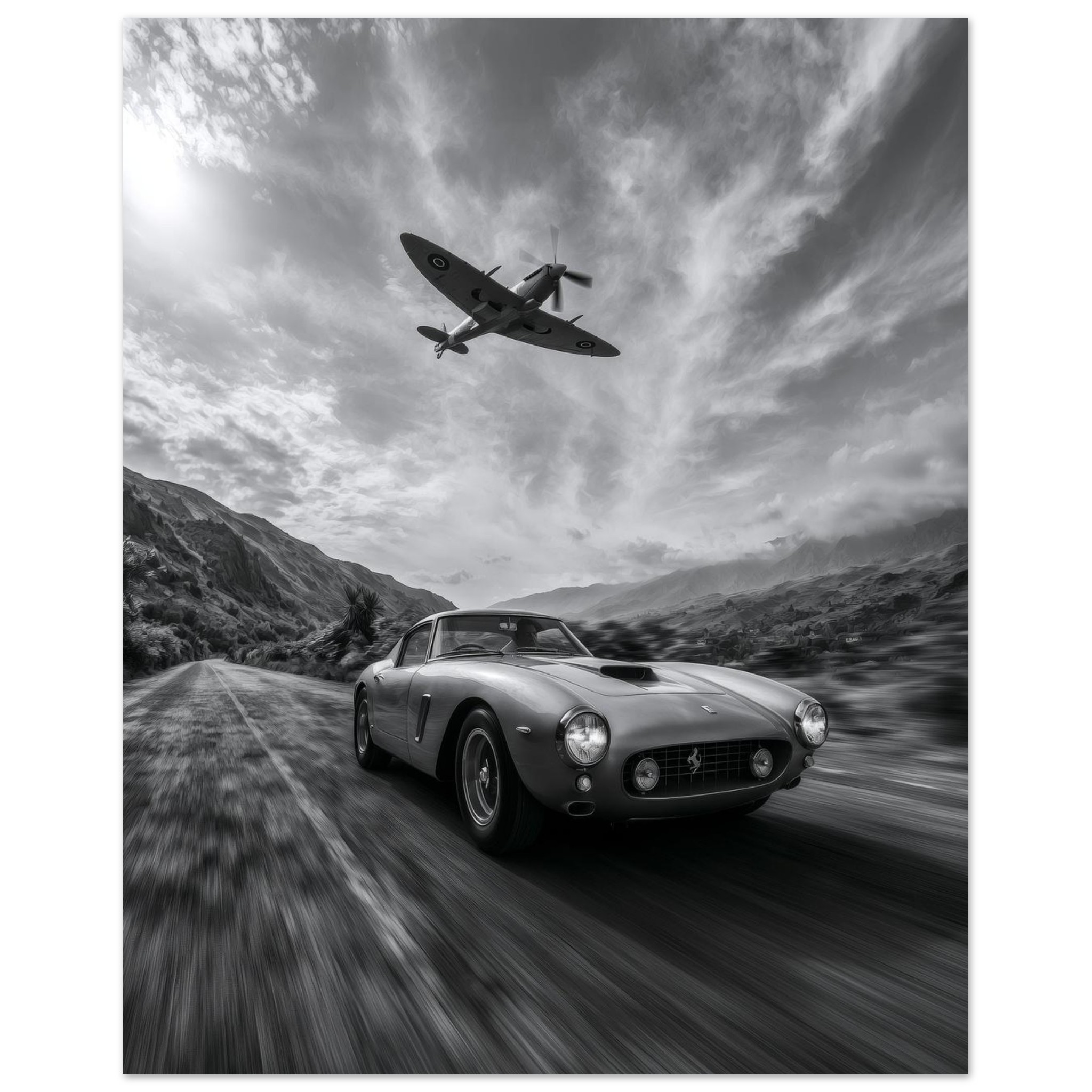 Ferrari & Spitfire art print interior mockup — Cars | Atelier Marbella