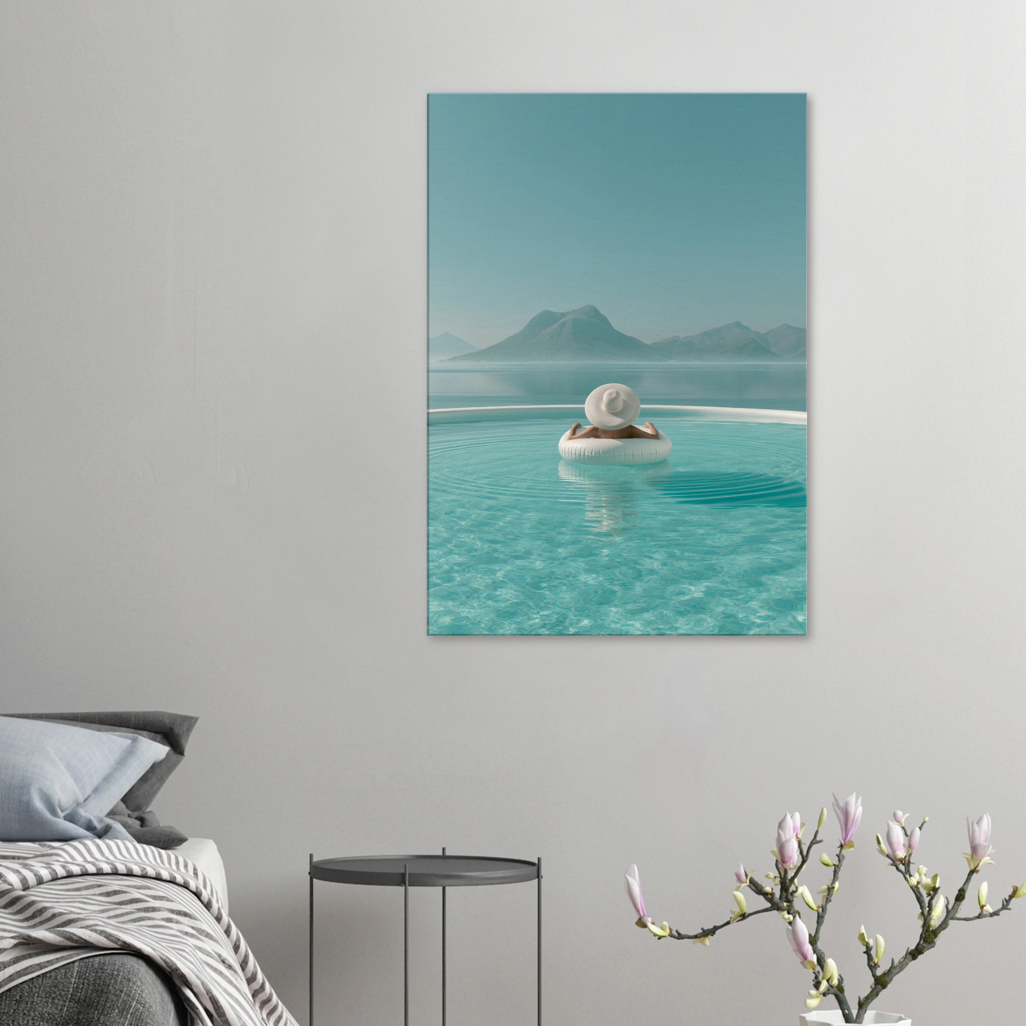 White Hat Infinity Pool — Canvas Print | woman in white hat turquoise infinity pool Mediterranean wall art