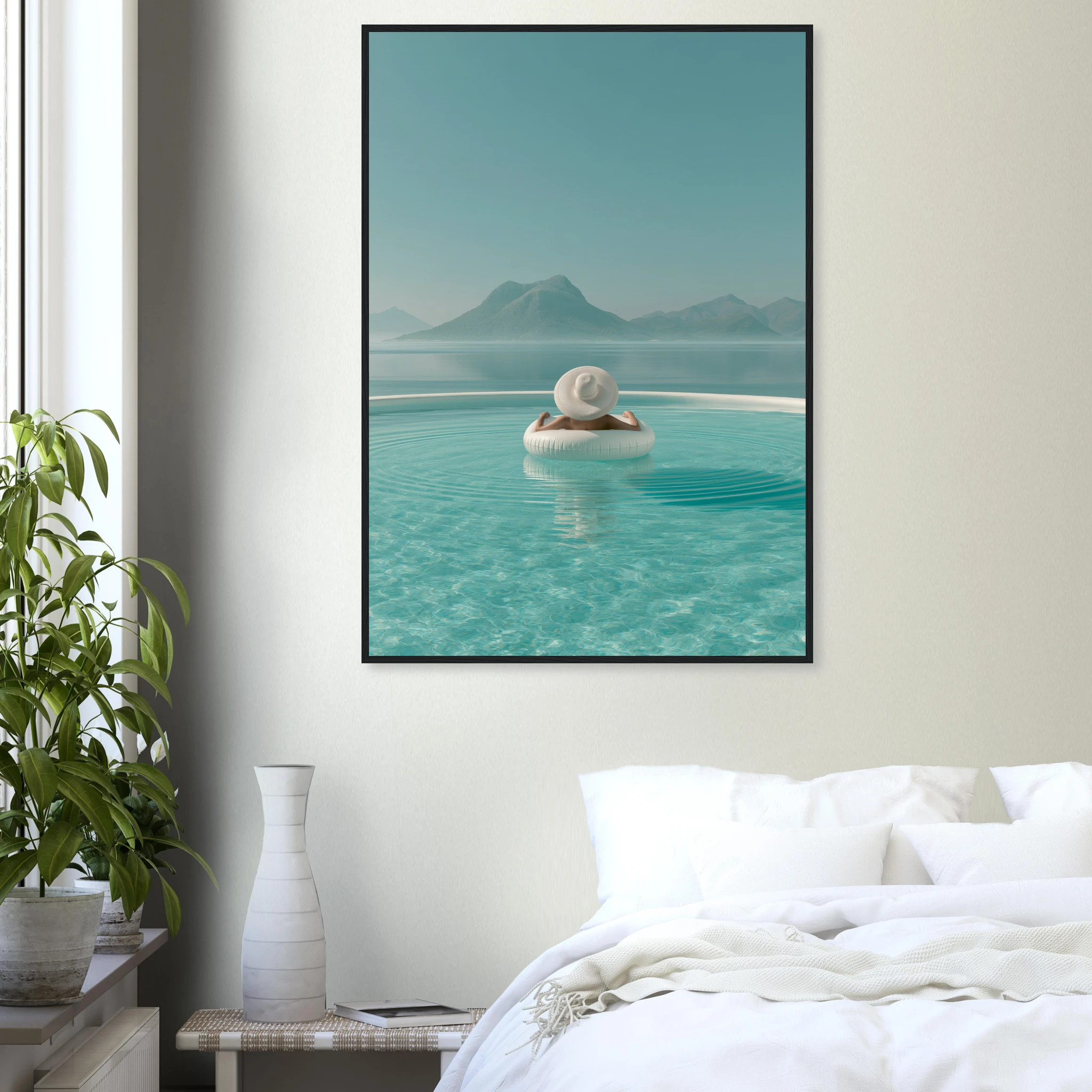 White Hat Infinity Pool — Framed Print | woman white hat Mediterranean pool framed wall art print