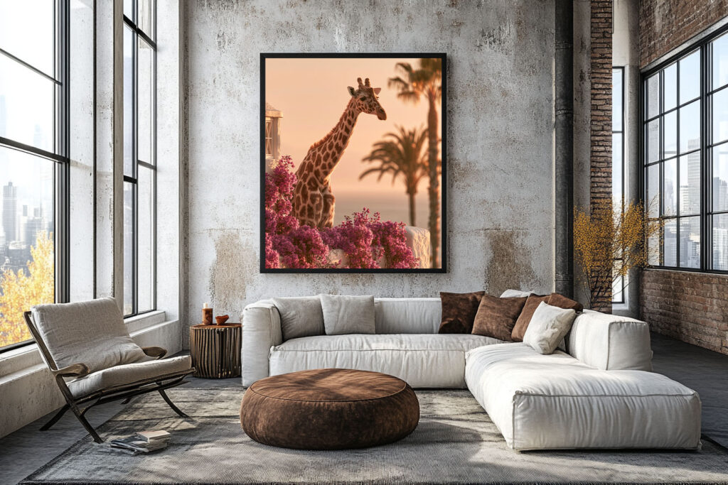Lámina de pared de jirafas expuesta en una sala de estar de estilo tropical — Atelier Marbella