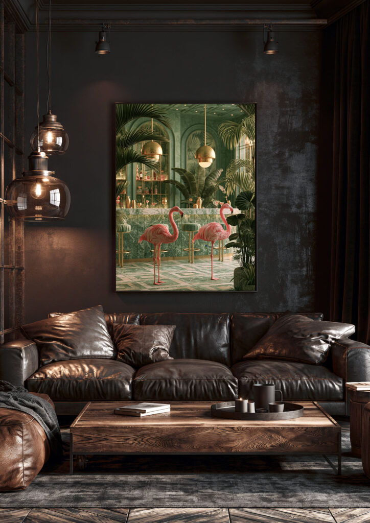 Flamingos Cocktail Bar Mediterranean wall art print displayed in a styled living room — Atelier Marbella