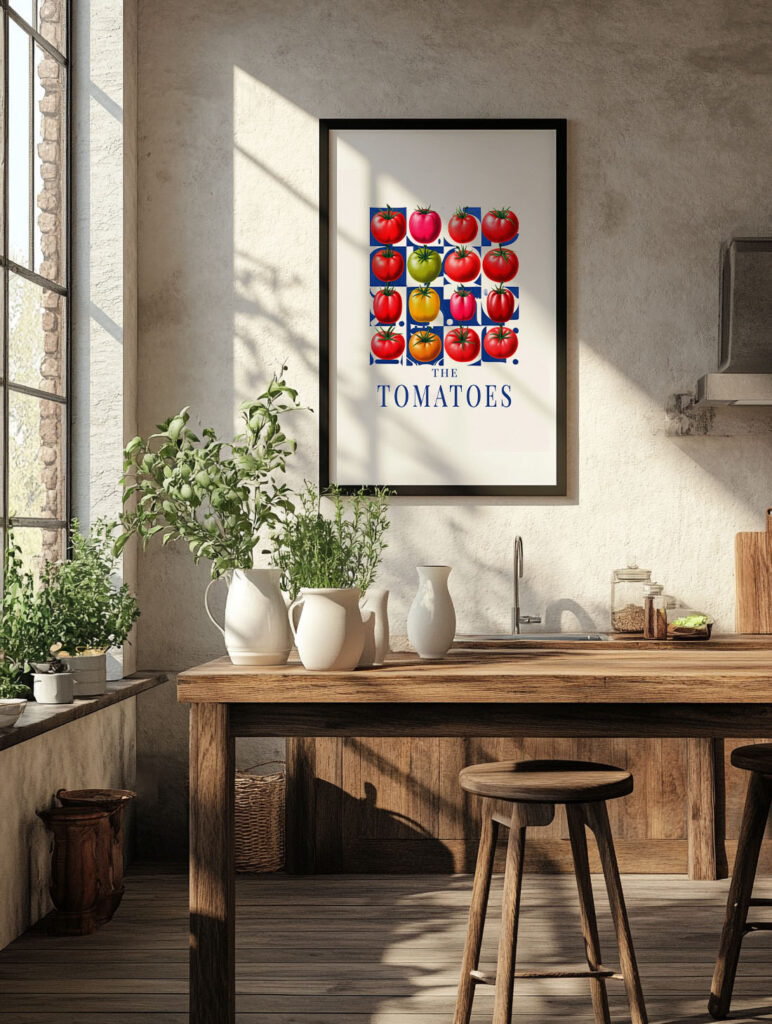 The Tomatoes Mediterranean wall art print displayed in a styled living room — Atelier Marbella