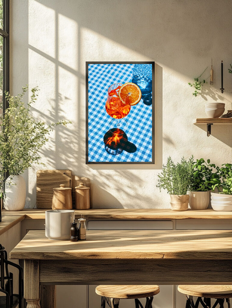 Aperol Blue Mediterranean wall art print displayed in a styled living room — Atelier Marbella
