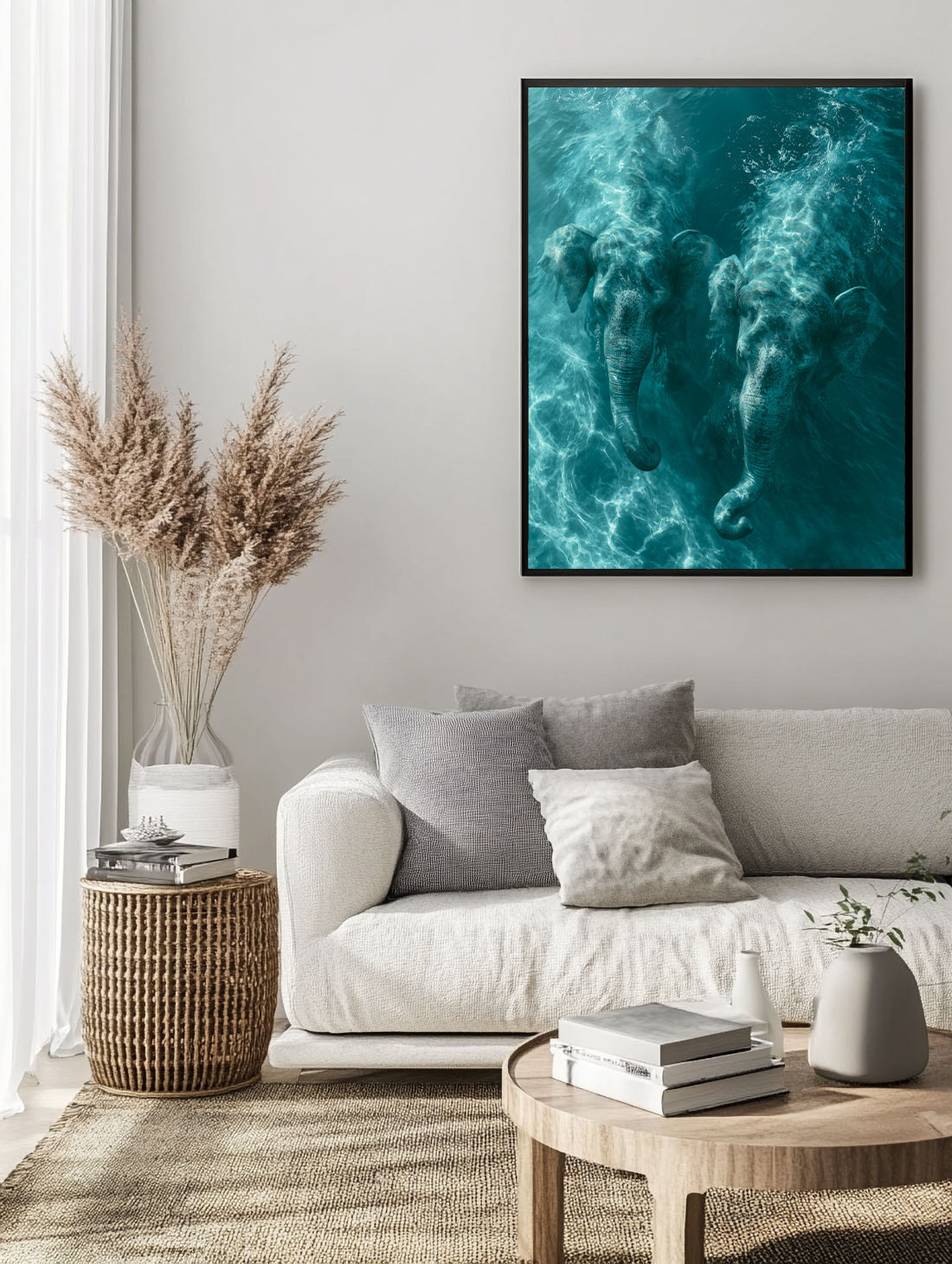 Large format art print in living room interior — oversized wall art above sofa