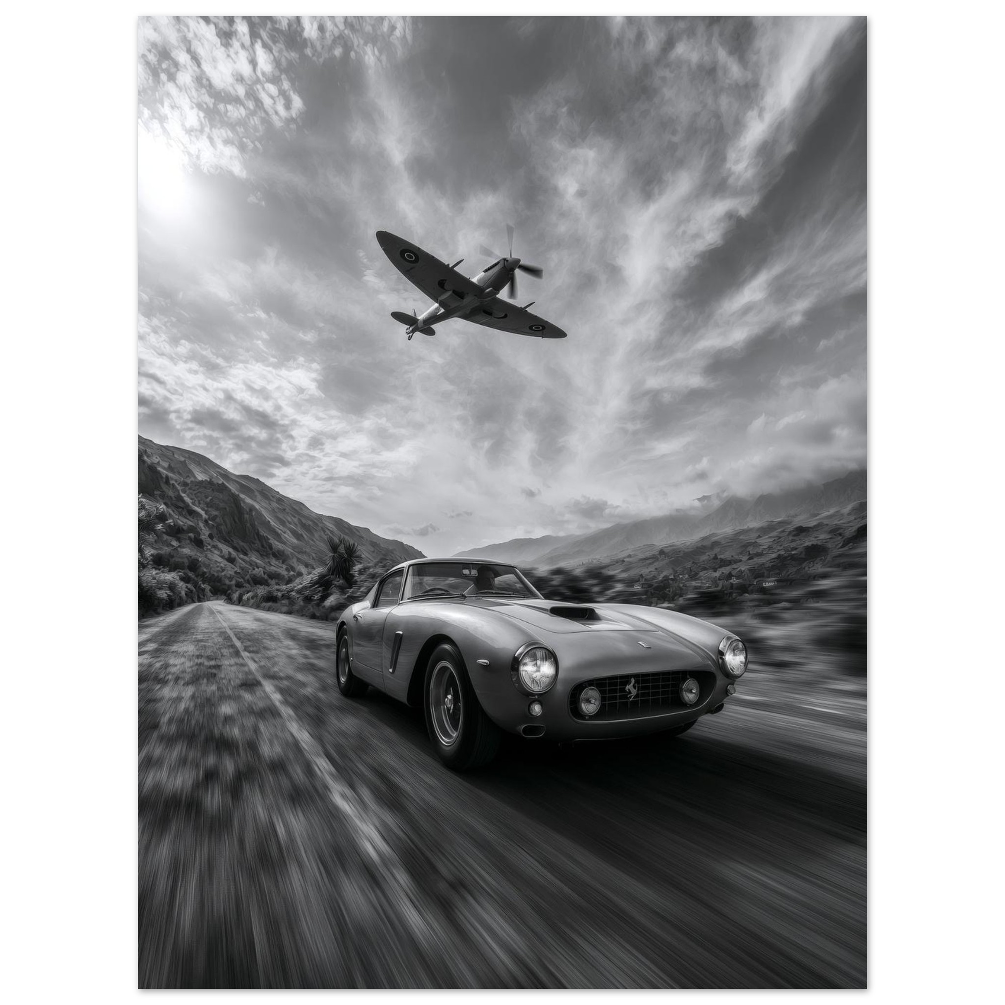 Ferrari & Spitfire art print interior mockup — Cars | Atelier Marbella