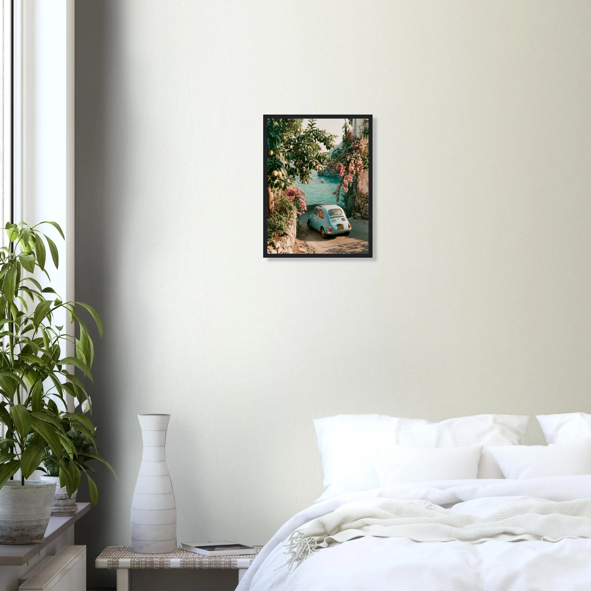Fiat 500 Amalfi framed wall art print, Italian summer aesthetic car poster