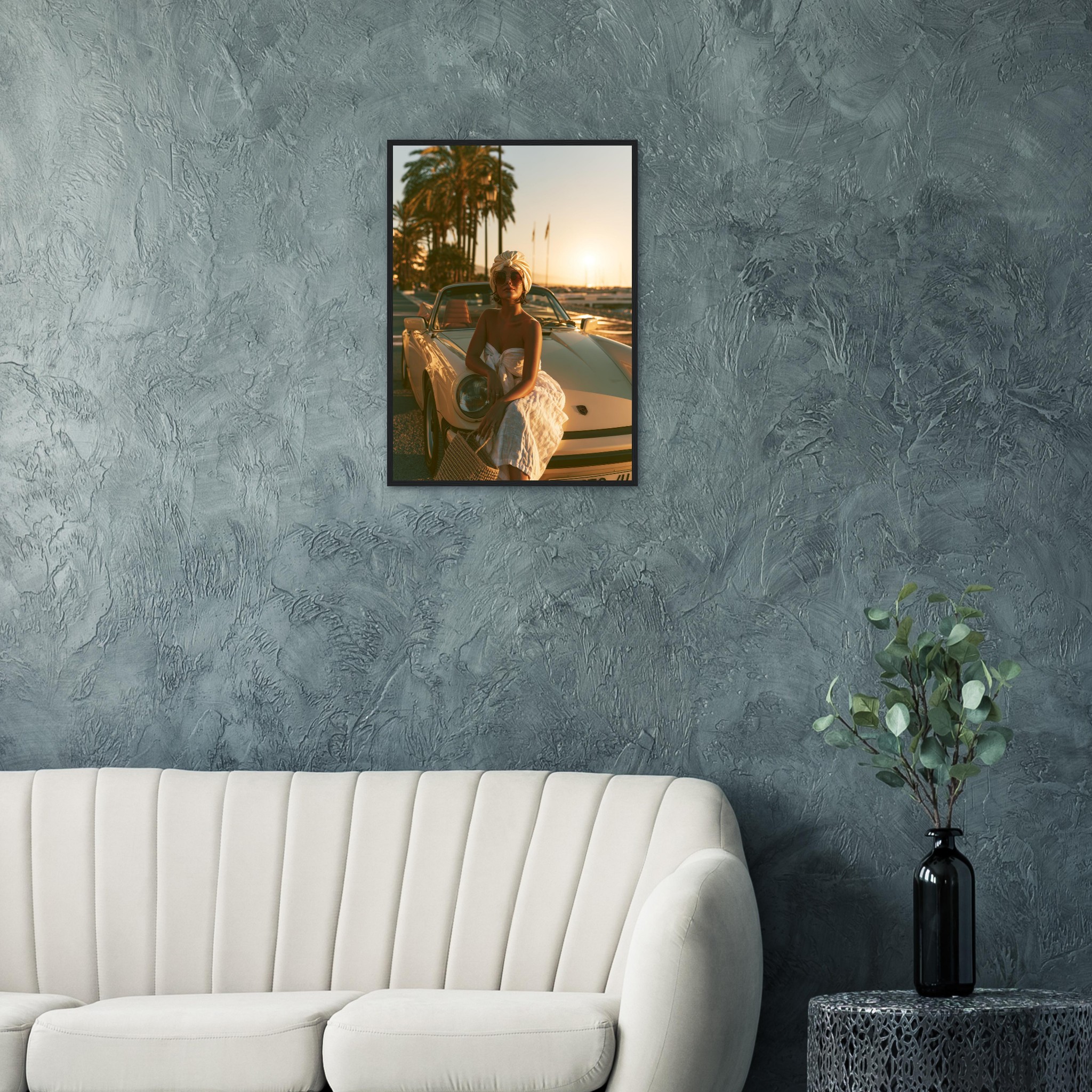 The Girl and the Porsche art print interior mockup — Cars | Atelier Marbella