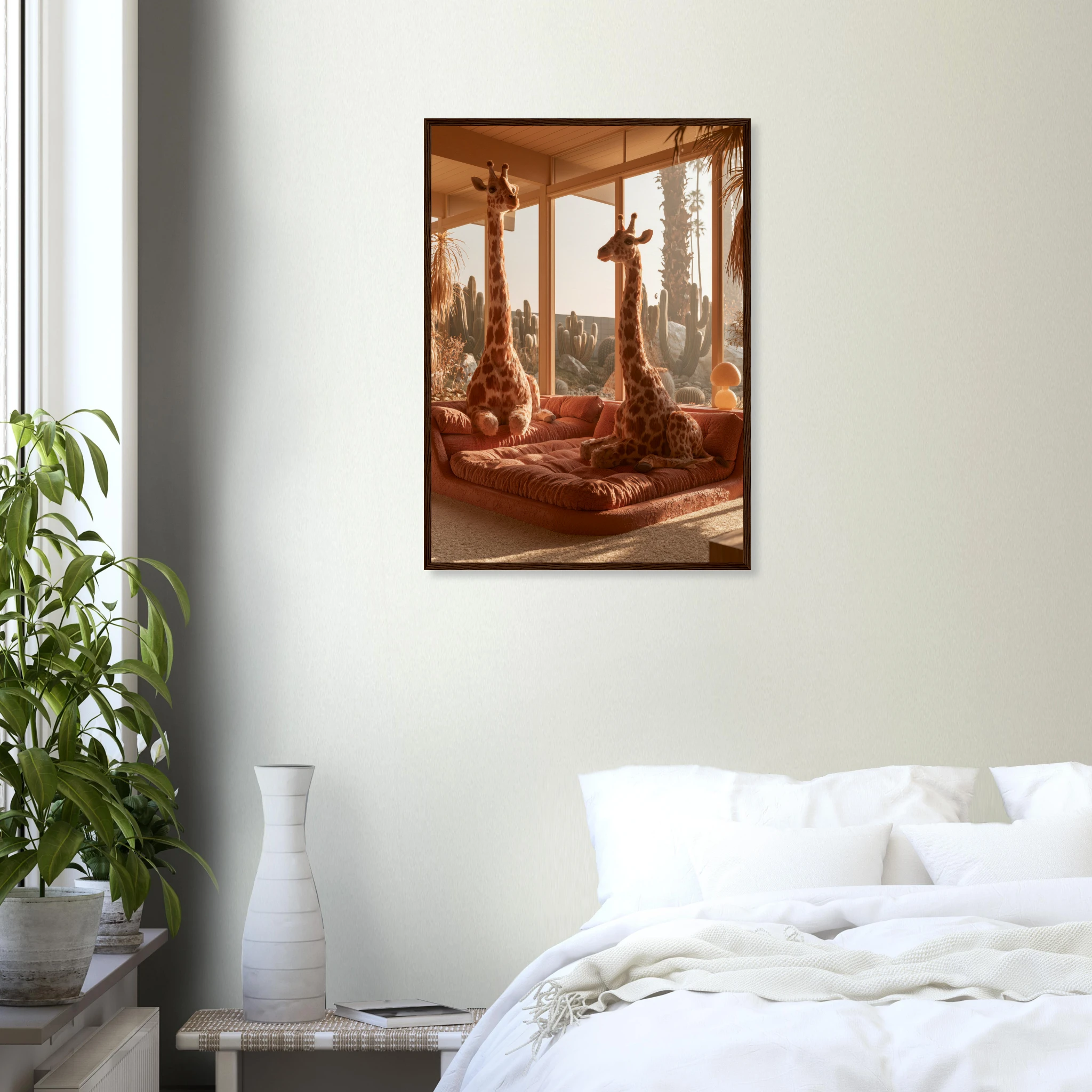 Giraffes in the Golden Lounge framed print above a reading chair — dopamine decor wall art | Atelier Marbella