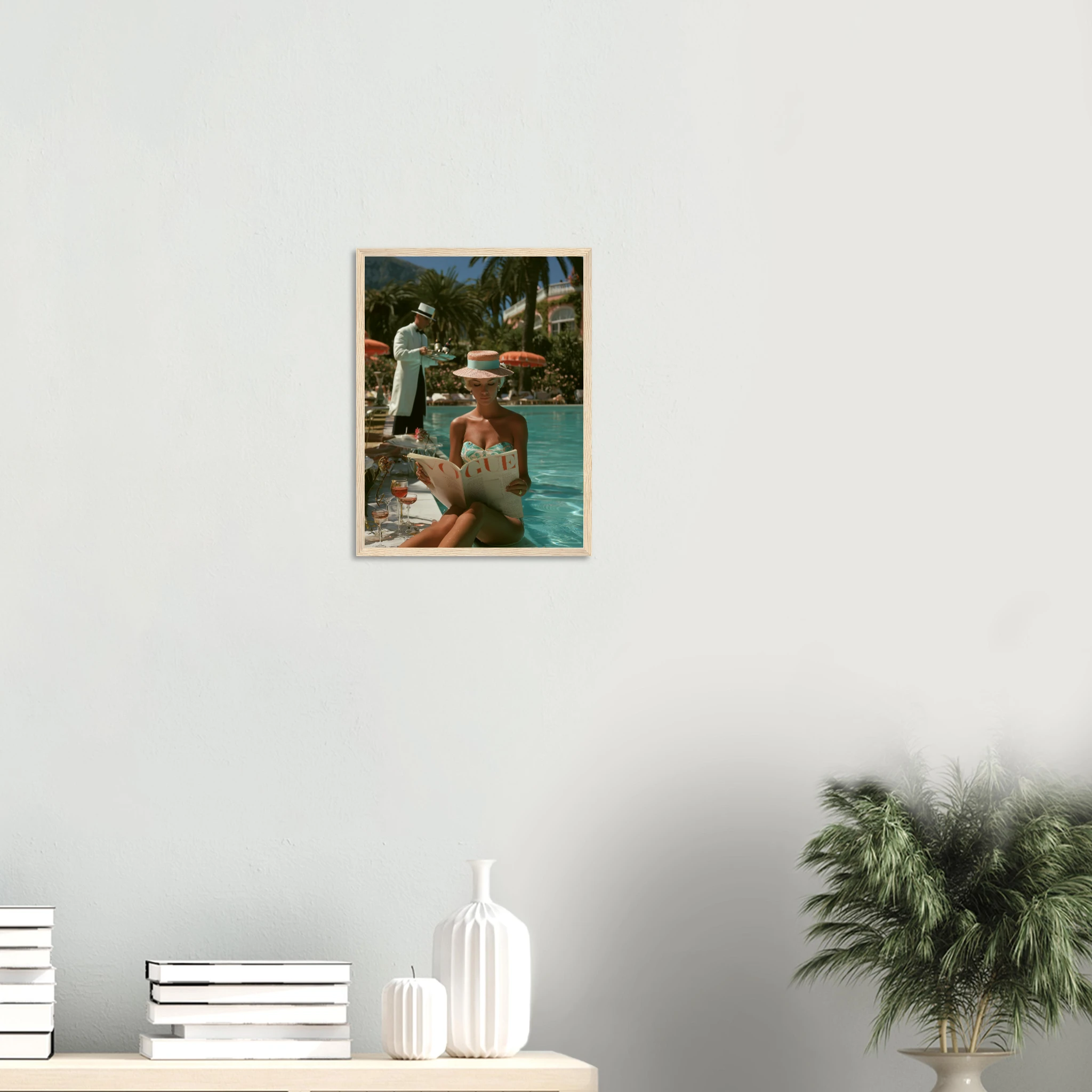 Fashion Lady Vogue Pool Vintage canvas print above a bar cart in a Palm Springs style room