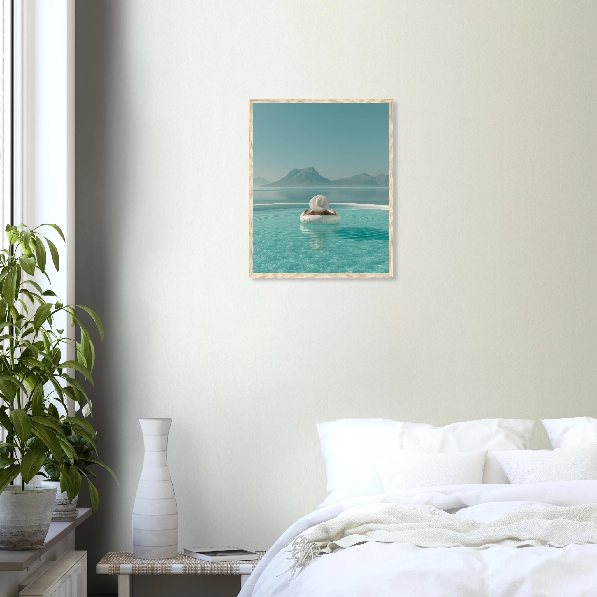 White Hat Infinity Pool — Framed Print | woman white hat Mediterranean pool framed wall art print