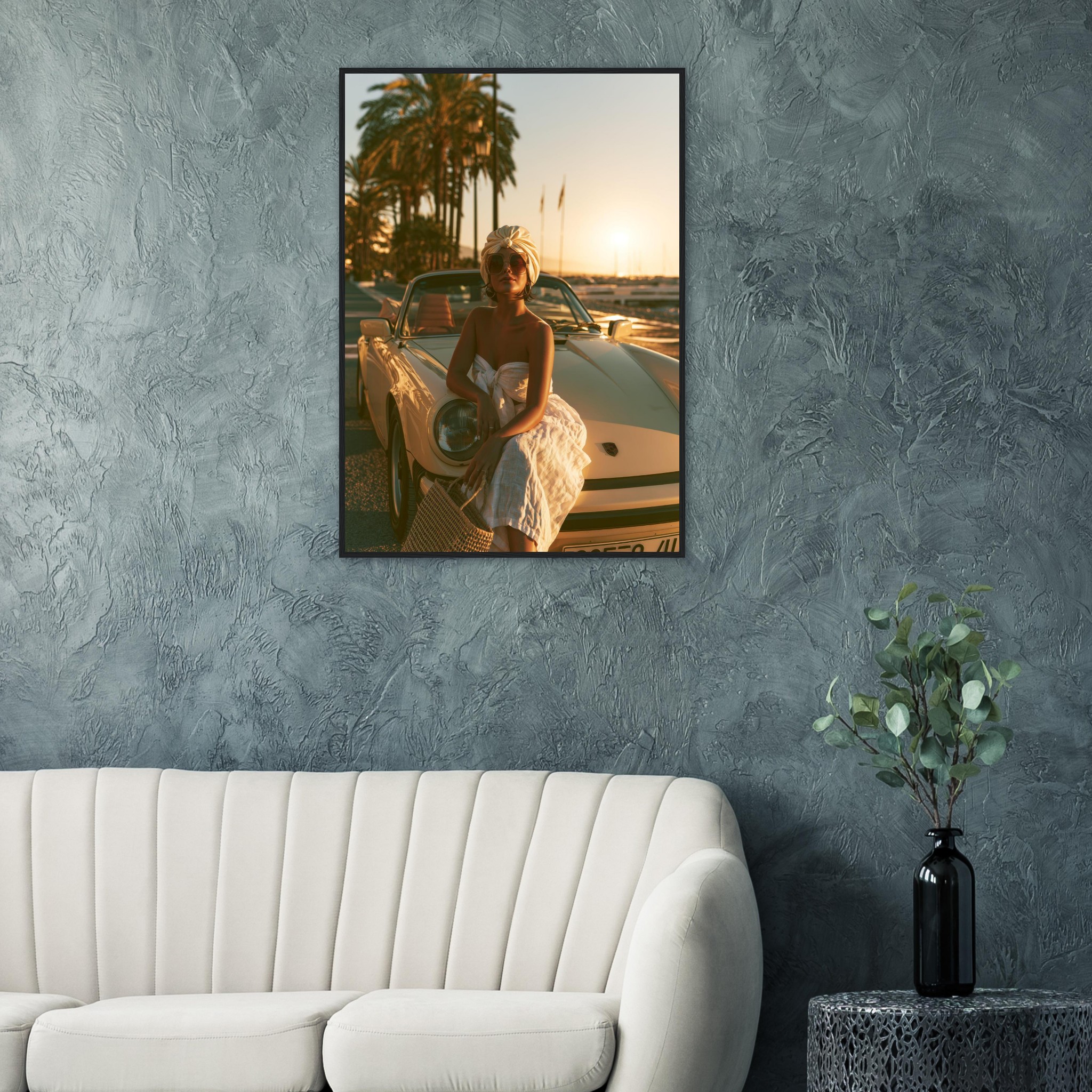 The Girl and the Porsche art print interior mockup — Cars | Atelier Marbella