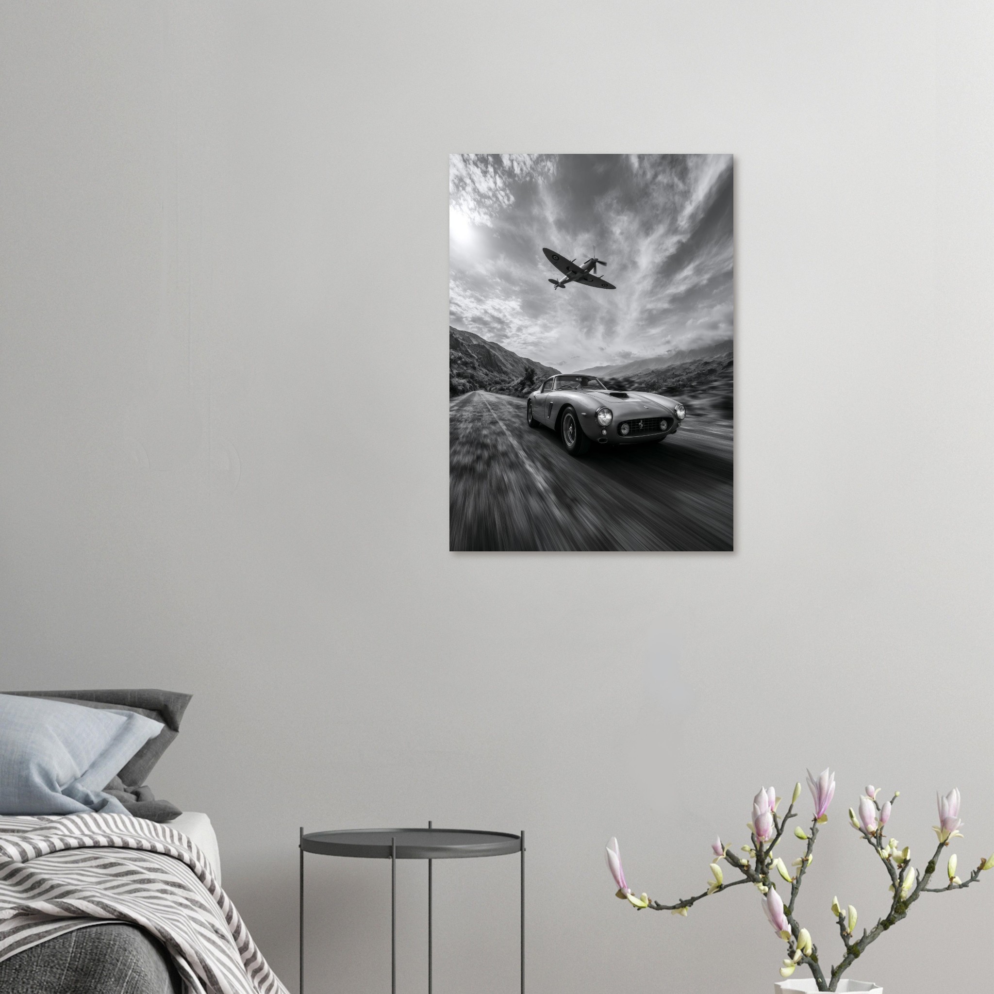 Ferrari & Spitfire art print interior mockup — Cars | Atelier Marbella