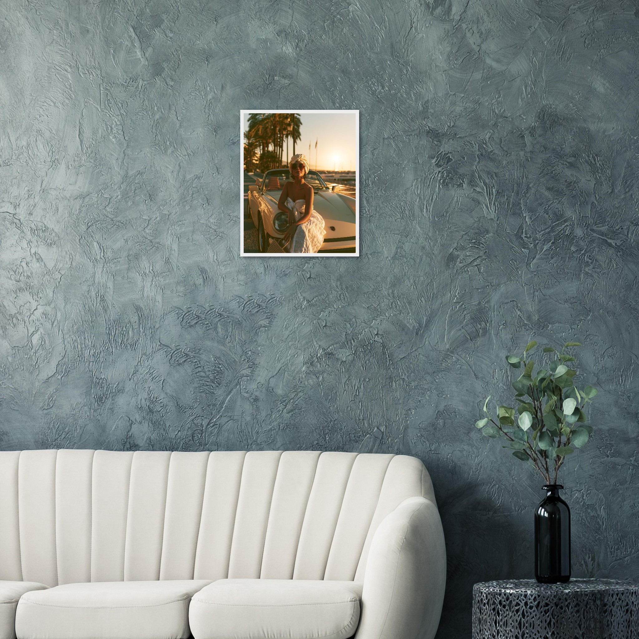 The Girl and the Porsche art print interior mockup — Cars | Atelier Marbella