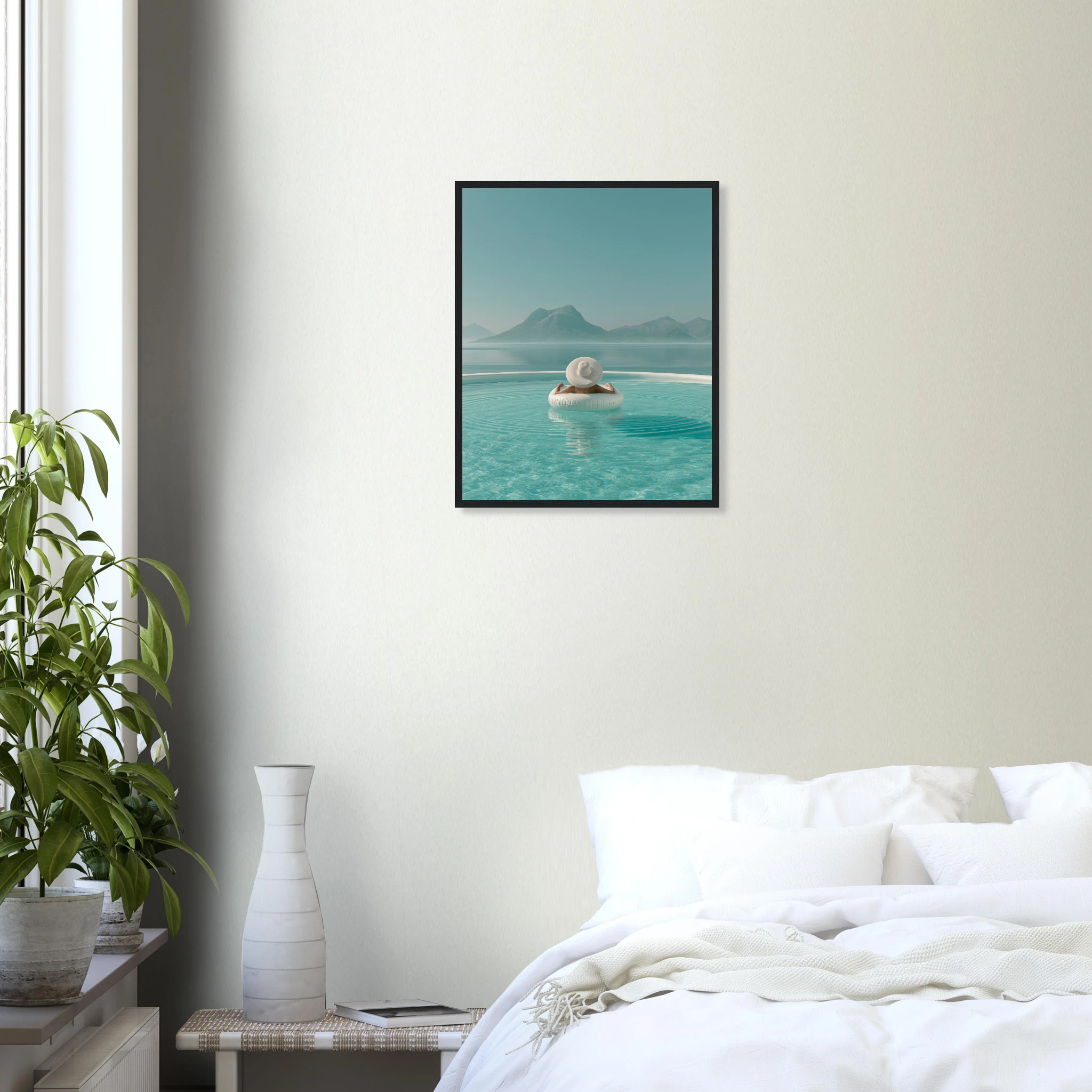 White Hat Infinity Pool — Framed Print | woman white hat Mediterranean pool framed wall art print