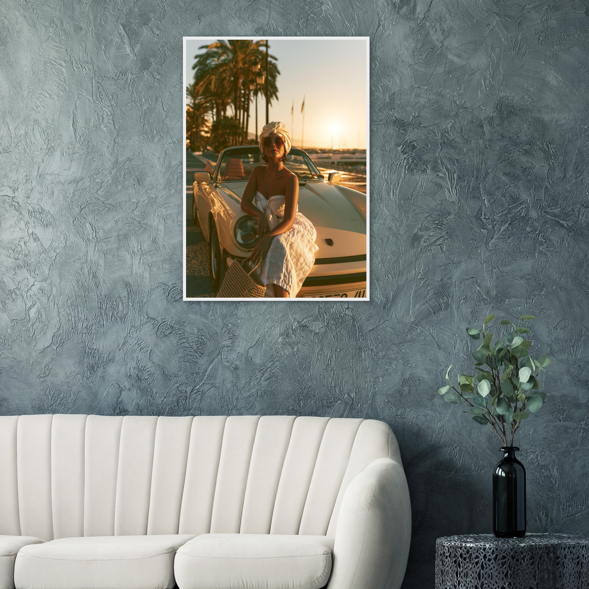 The Girl and the Porsche art print interior mockup — Cars | Atelier Marbella
