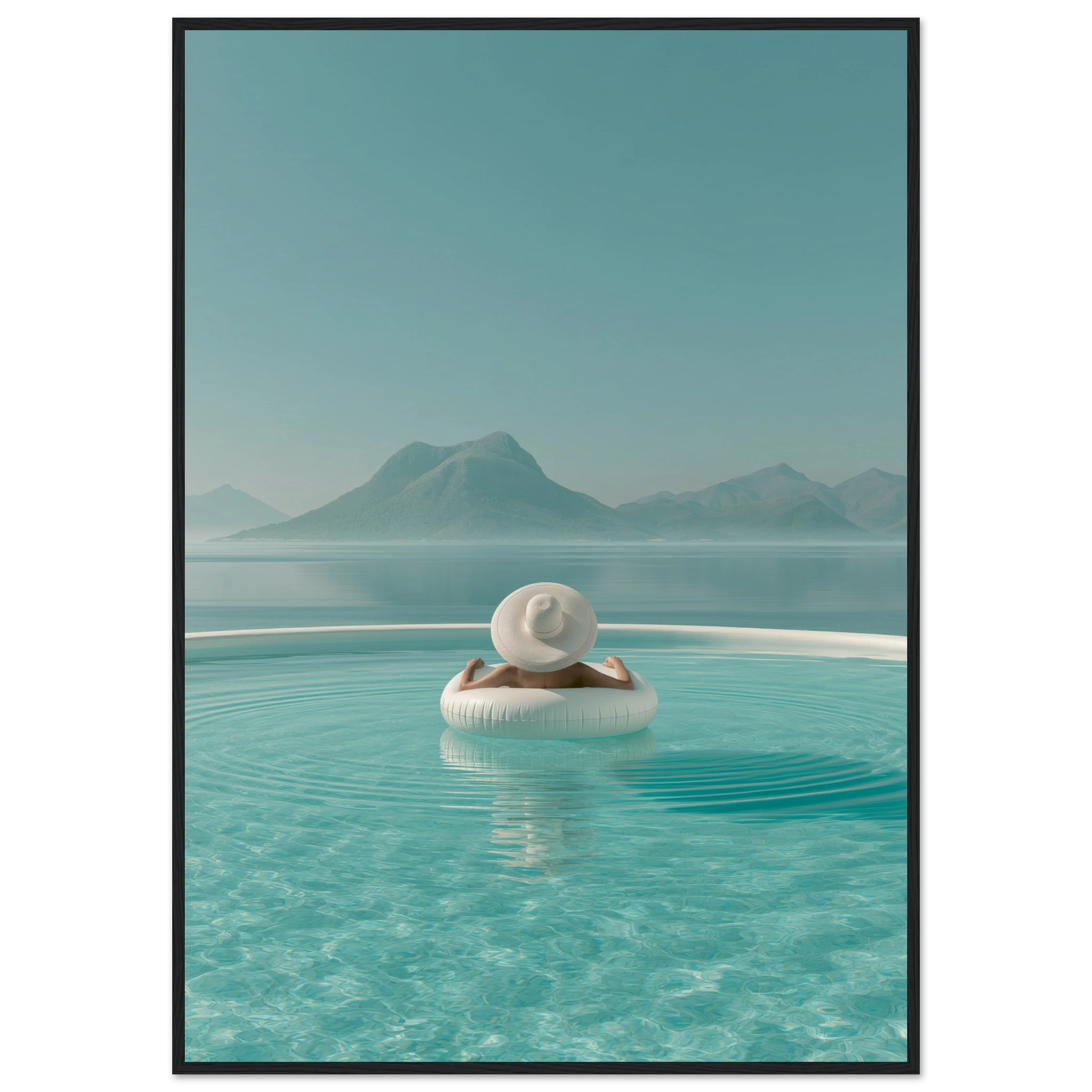 White Hat Infinity Pool — Framed Print | woman white hat Mediterranean pool framed wall art print