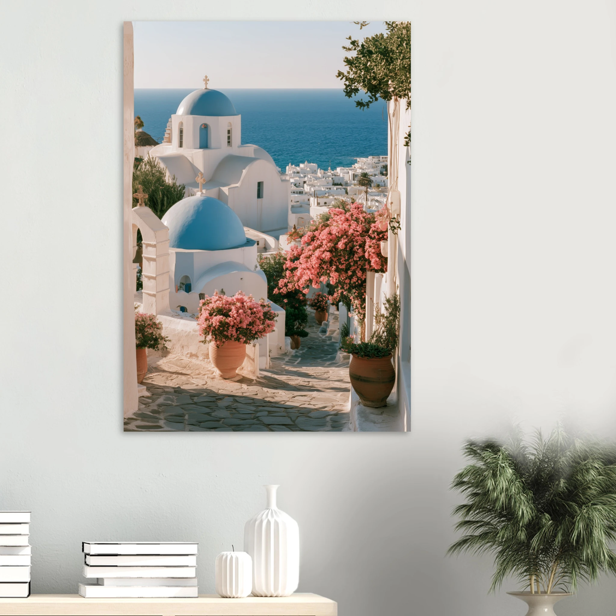 Aegean Blue Domes — blue-domed churches and bougainvillea matte art print