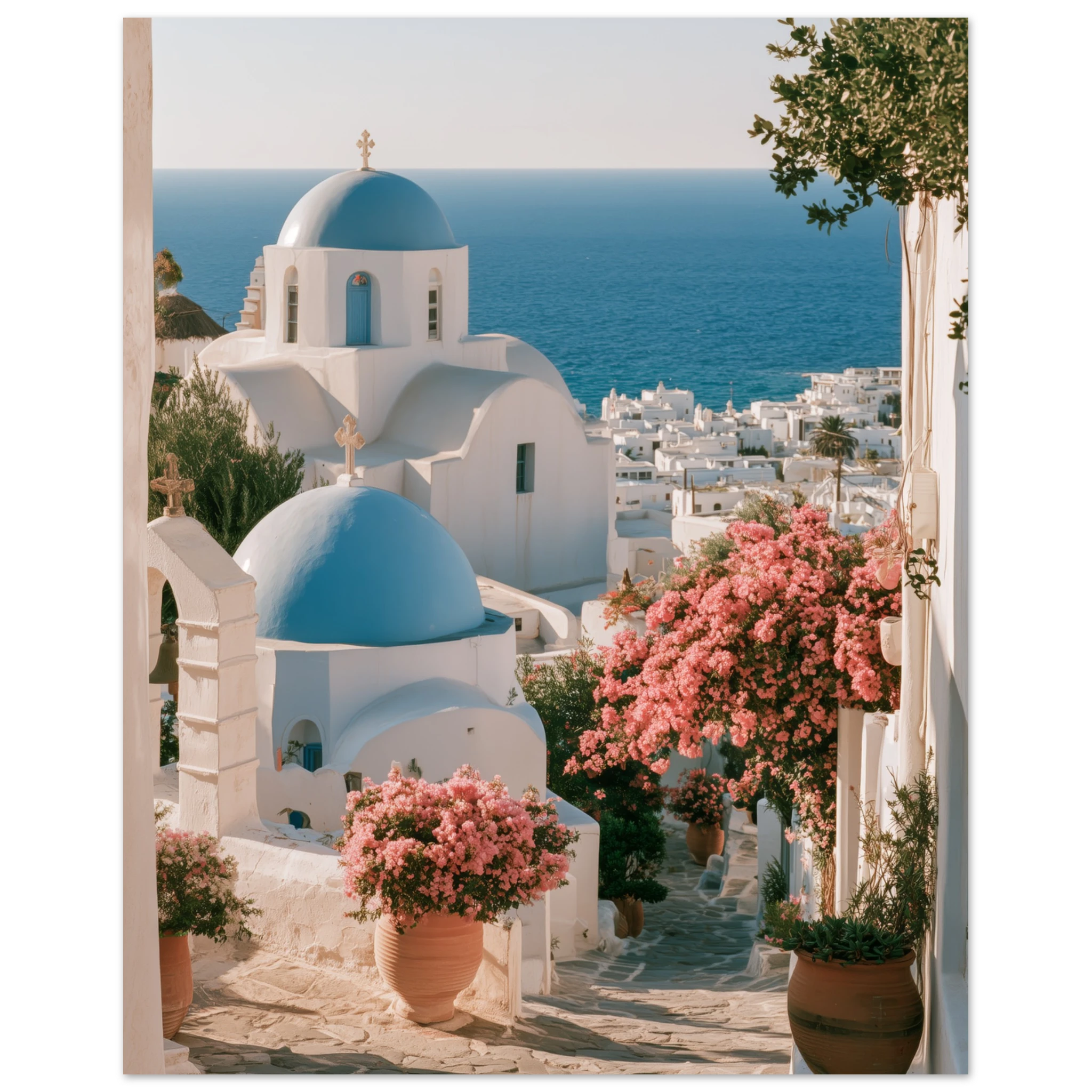 Greek island wall art print — Aegean Blue Domes in a minimalist room