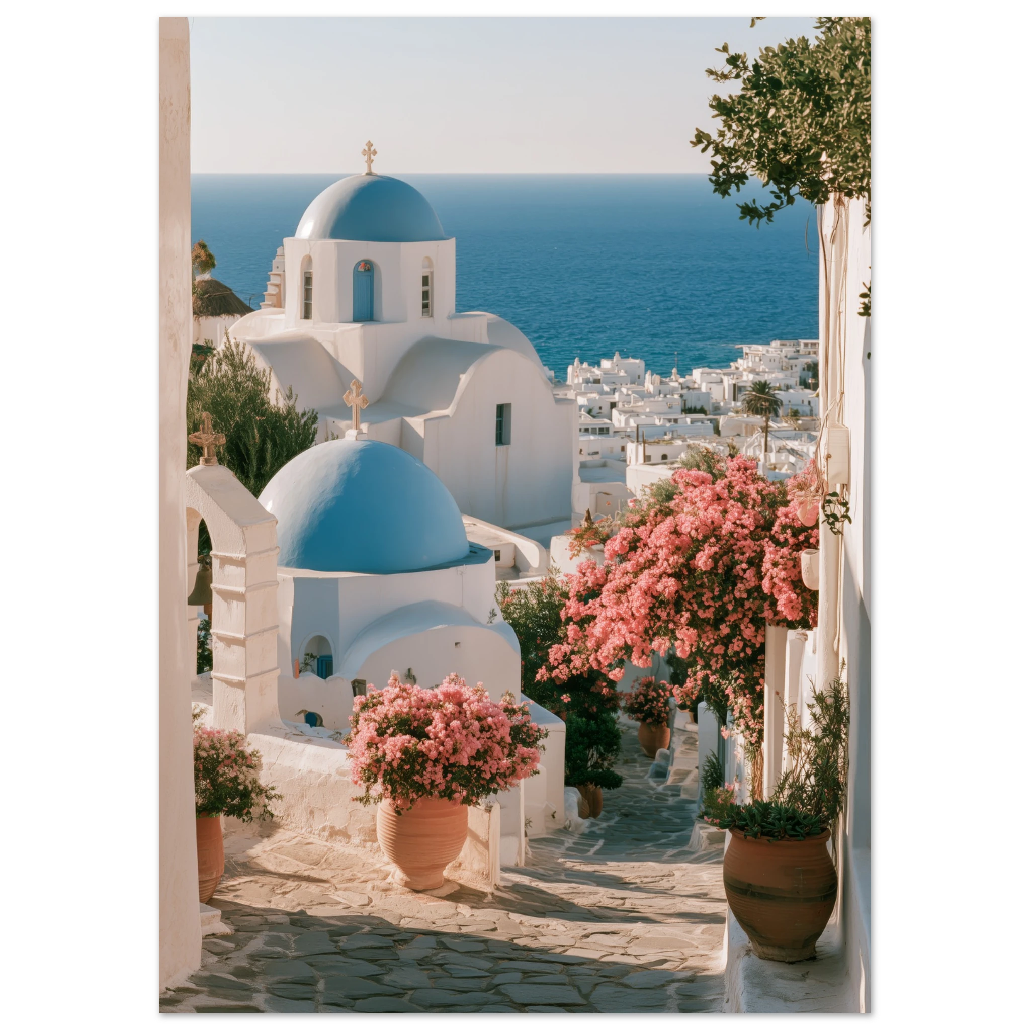 Aegean Blue Domes matte print displayed in a Mediterranean interior