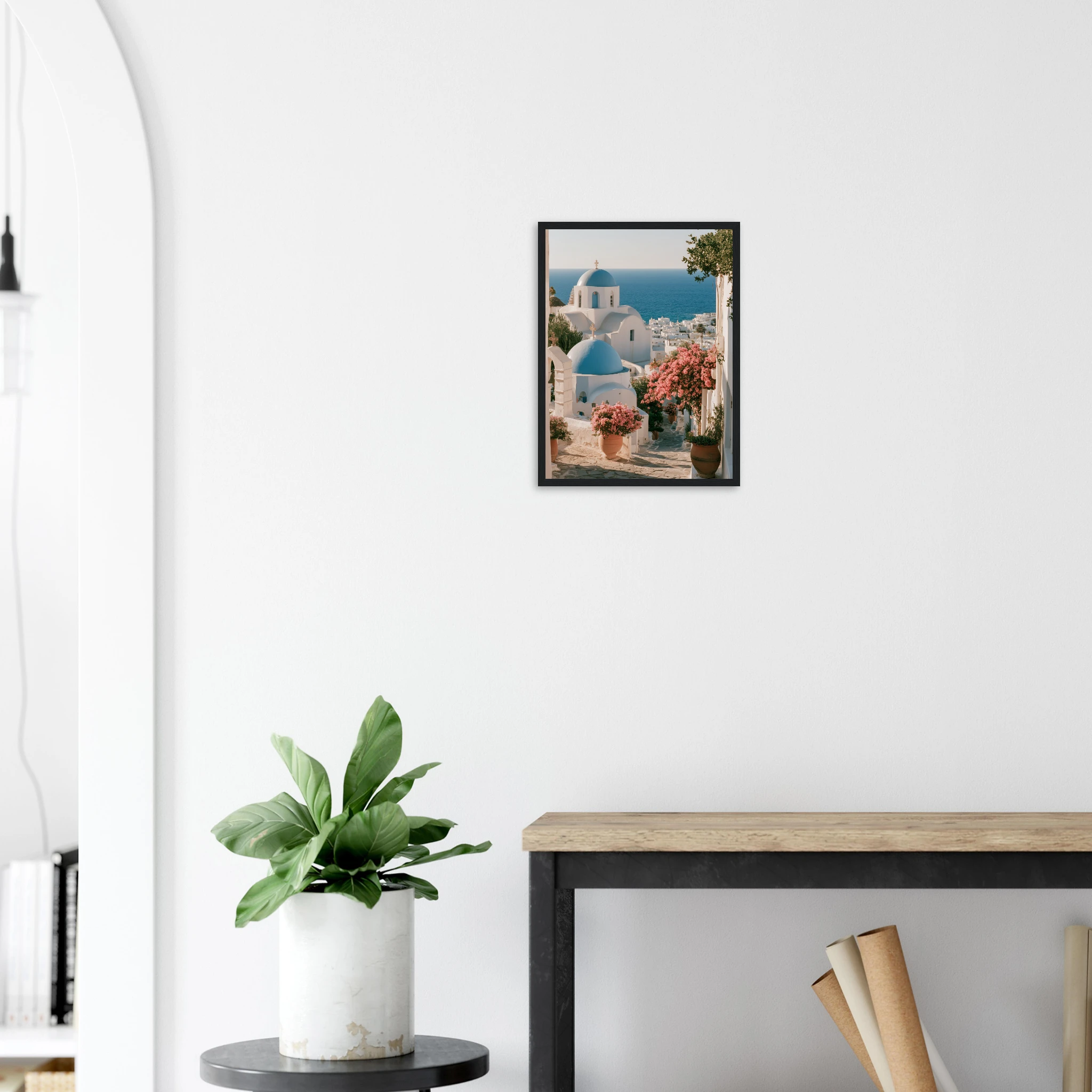 Aegean Blue Domes framed print — blue-domed Greek chapel wall art