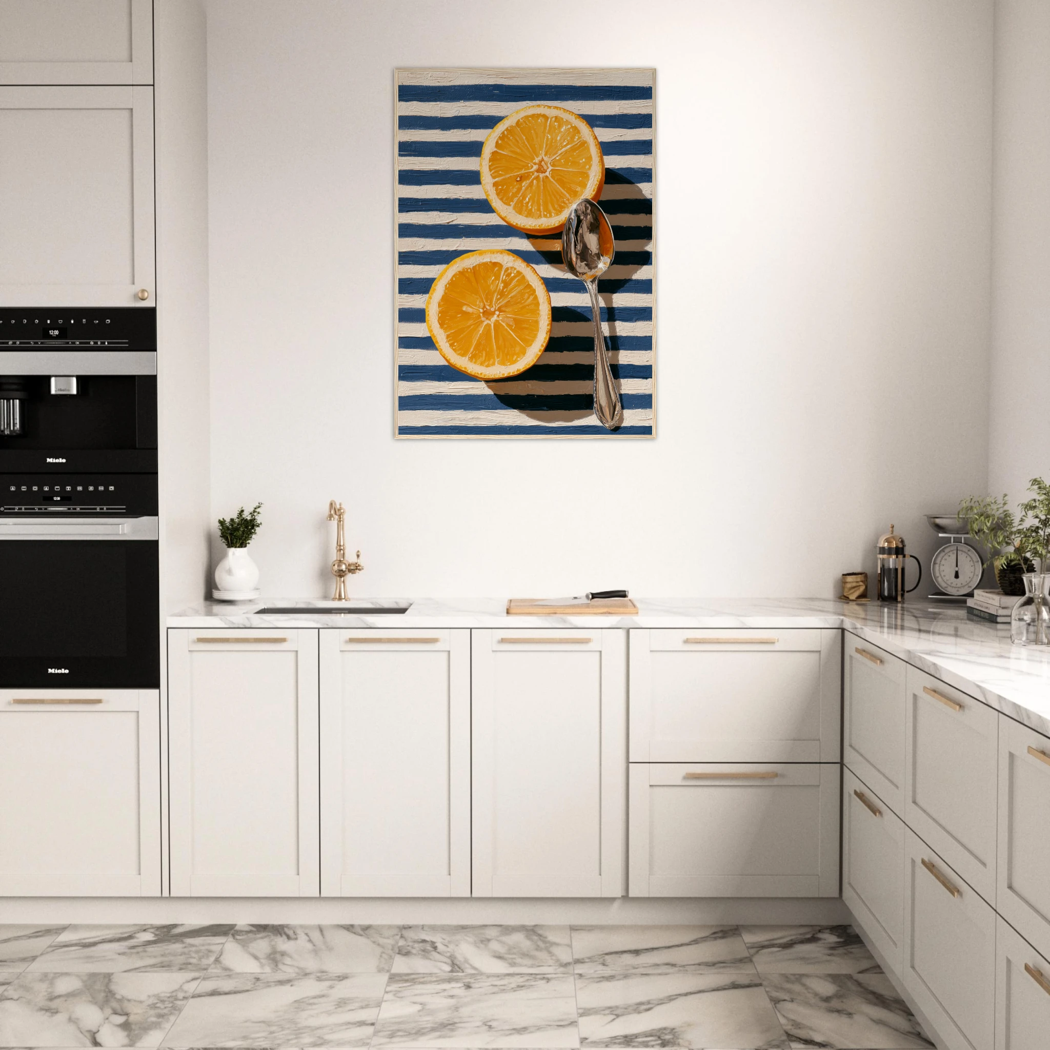 Lemons on Marin framed print — navy stripe still life art displayed in room