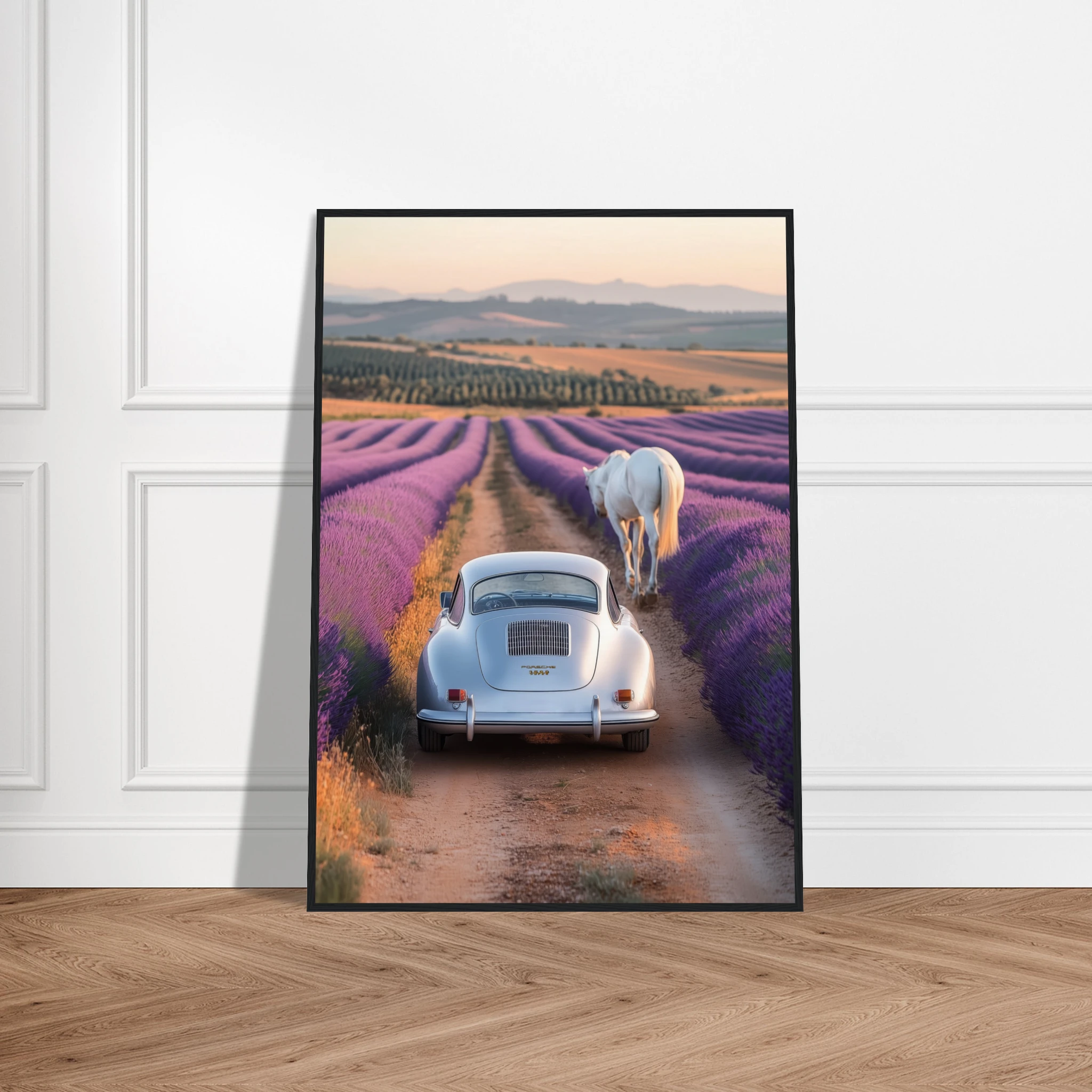 Porsche 356 and Lavender Fields framed print in a living room
