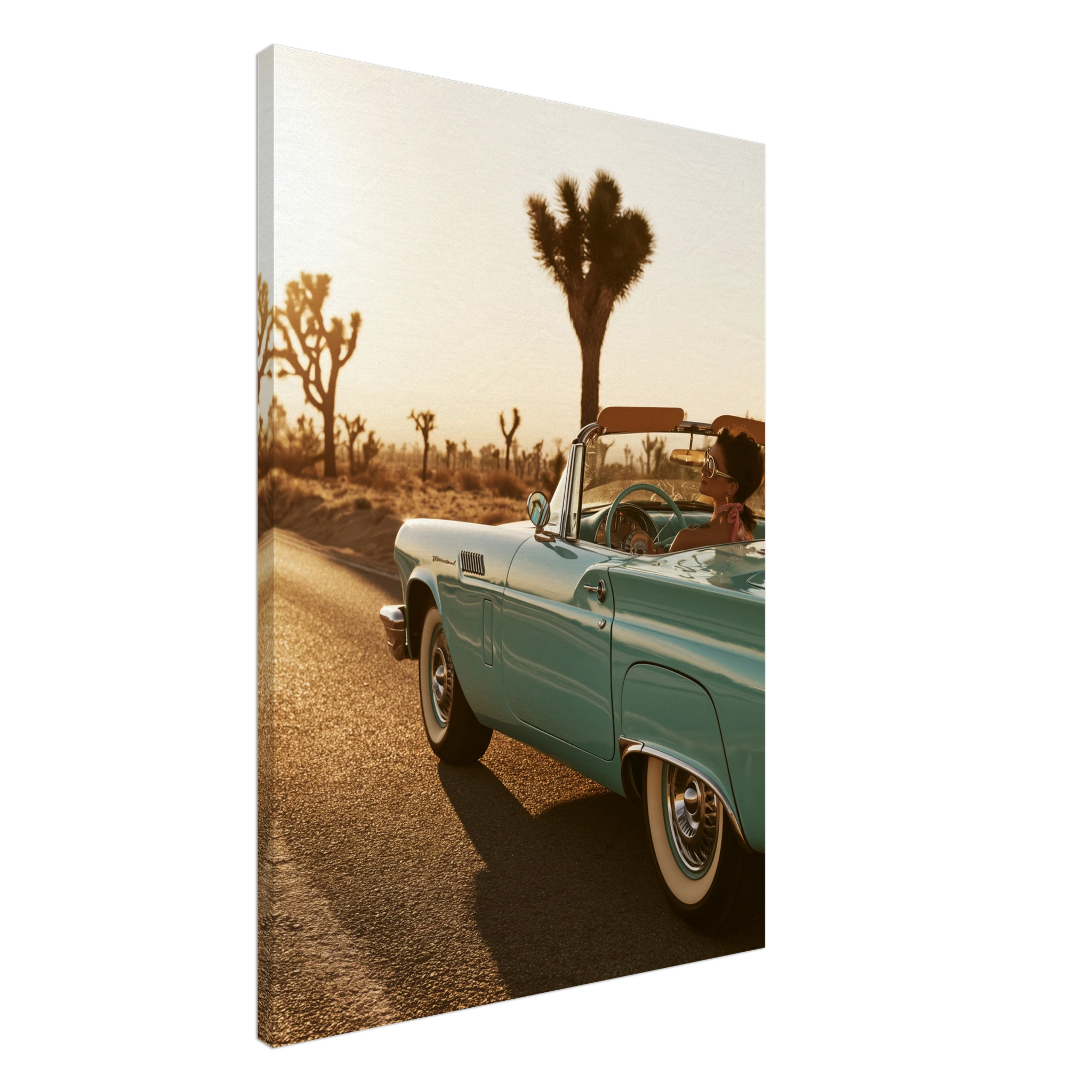 Desert Thunderbird canvas print — woman in sunglasses driving teal Thunderbird convertible through Mojave desert at golden hour