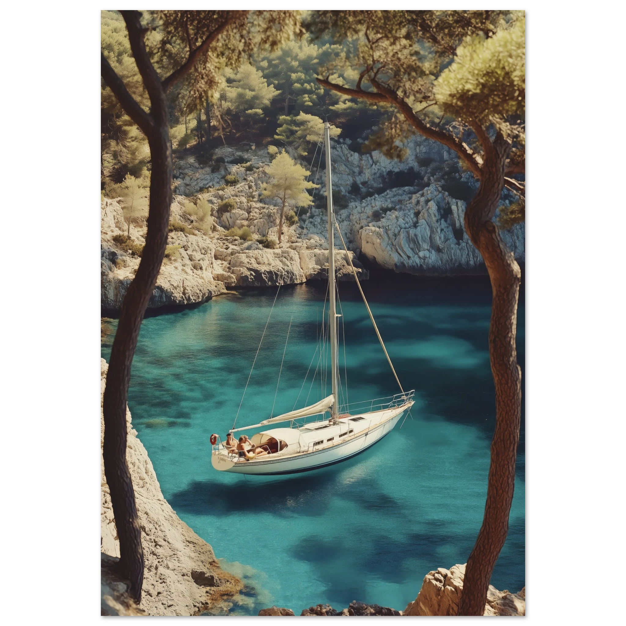 Calanque Anchorage matte art print — sailboat on turquoise water inside a Provençal calanque framed by limestone cliffs and pine trees