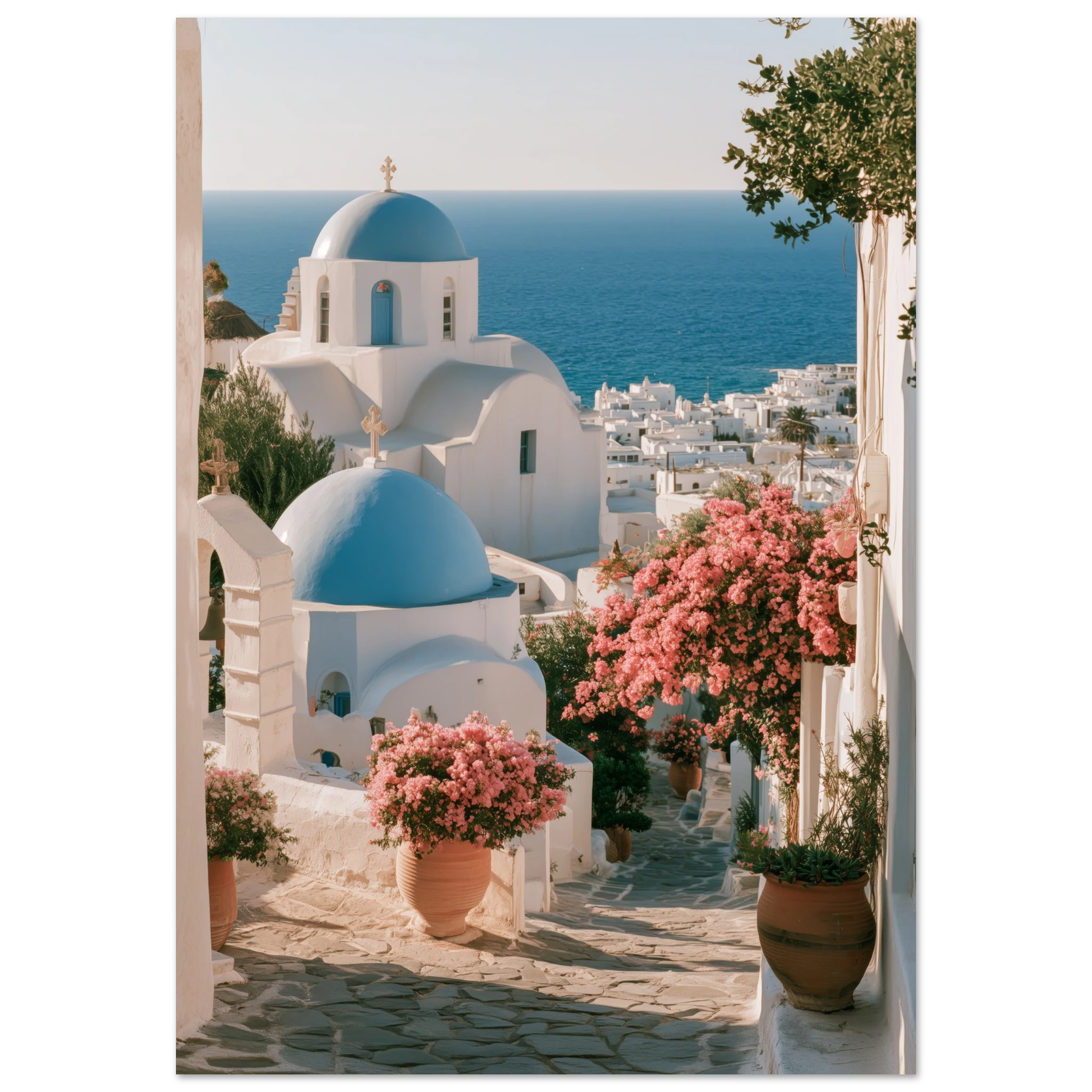 Aegean Blue Domes matte print in a living room — Greek island Mediterranean wall art