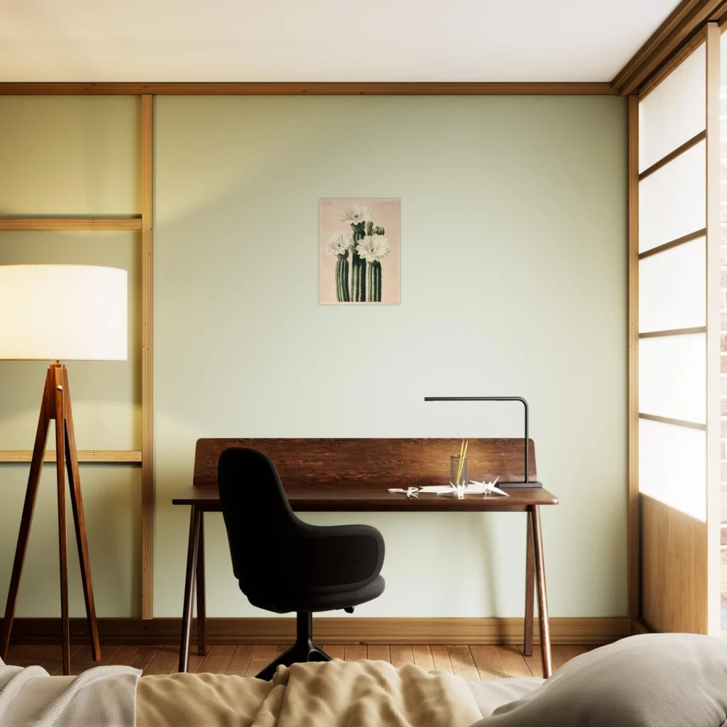 Lámina enmarcada de flor de cactus blanco en el dormitorio — decoración botánica
