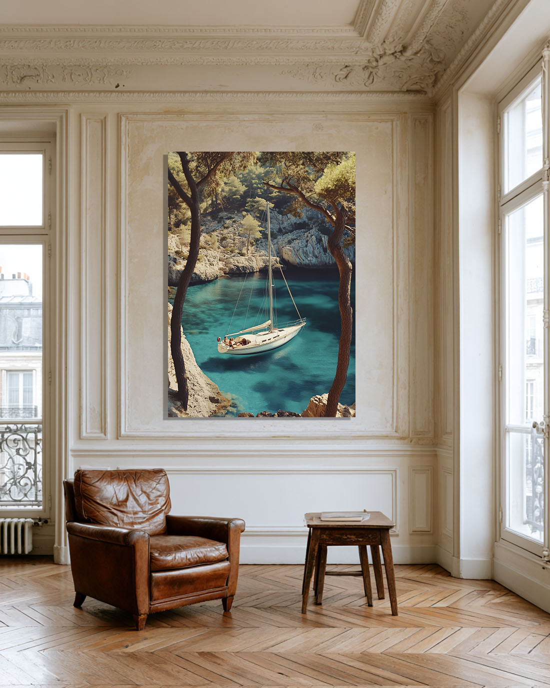 Calanque Anchorage wall art print — sailboat in turquoise Provençal waters