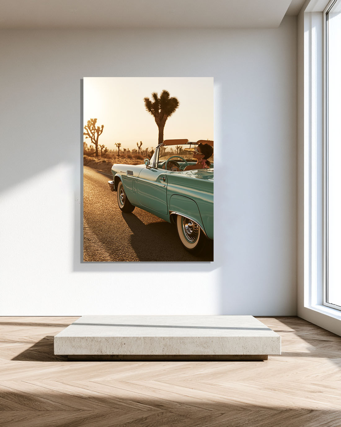 Desert Thunderbird wall art — mint-green Ford Thunderbird in the Mojave desert