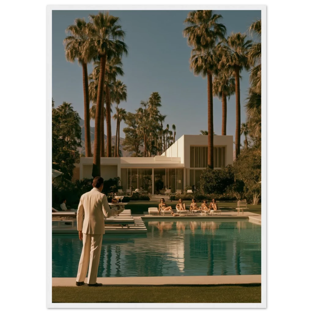 Palm Springs poolside framed wall art in living room mockup