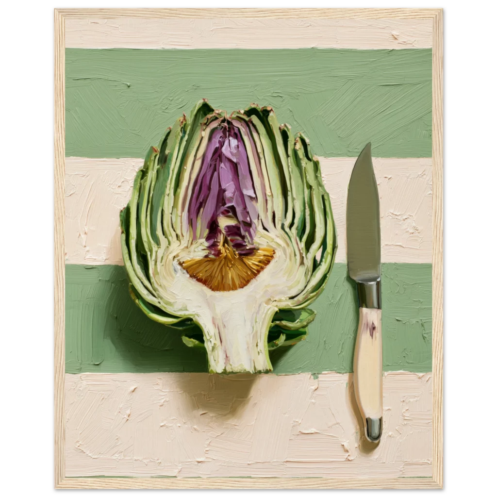 The Artichoke framed print in a natural wood frame, sage green and cream stripes | Atelier Marbella