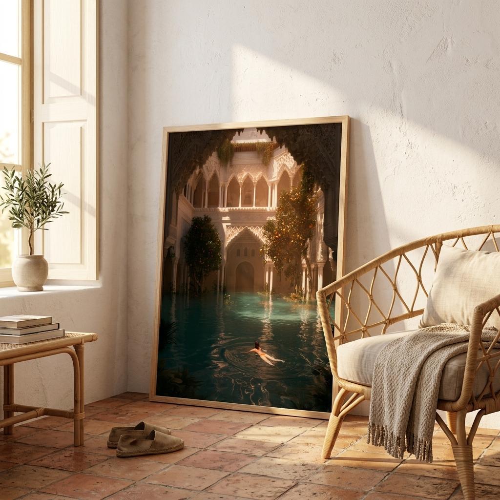Sunken Courtyard Andalusia framed print in a warm interior, amber art for dark green walls