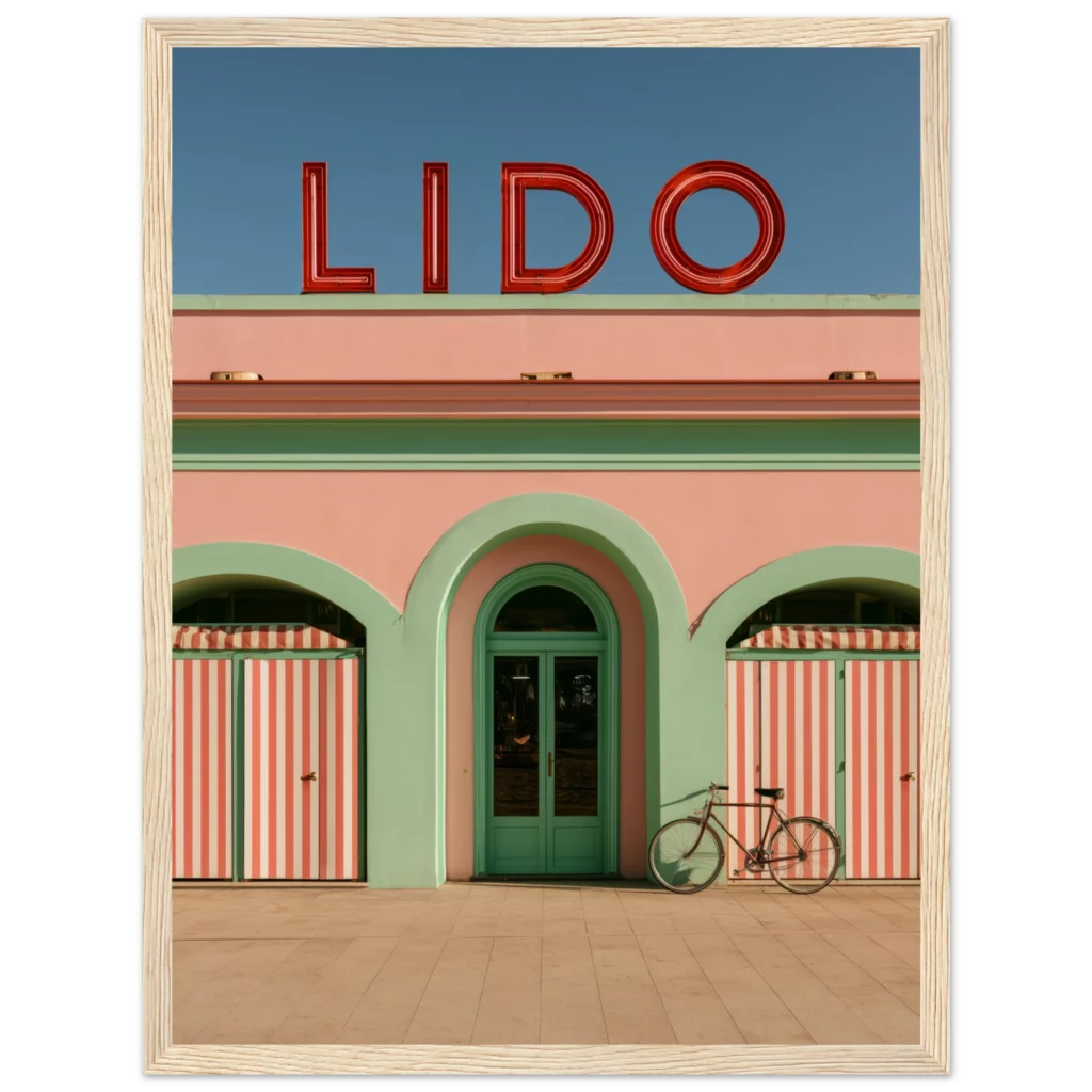 Lido Italian Riviera 1950s framed print, a pastel pink facade in perfect symmetry, Wes Anderson wall art