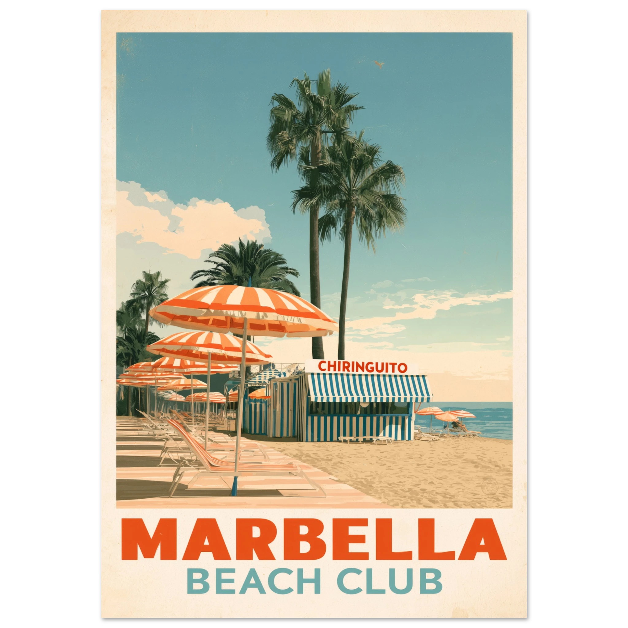 Marbella Beach Club matte art print - vintage travel poster Mediterranean wall art