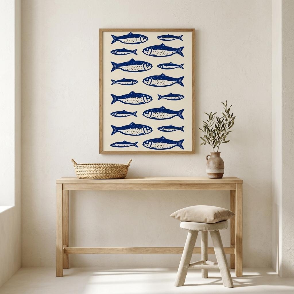 Sardines Cobalt Edit framed print on a styled console, cobalt and cream art for navy walls