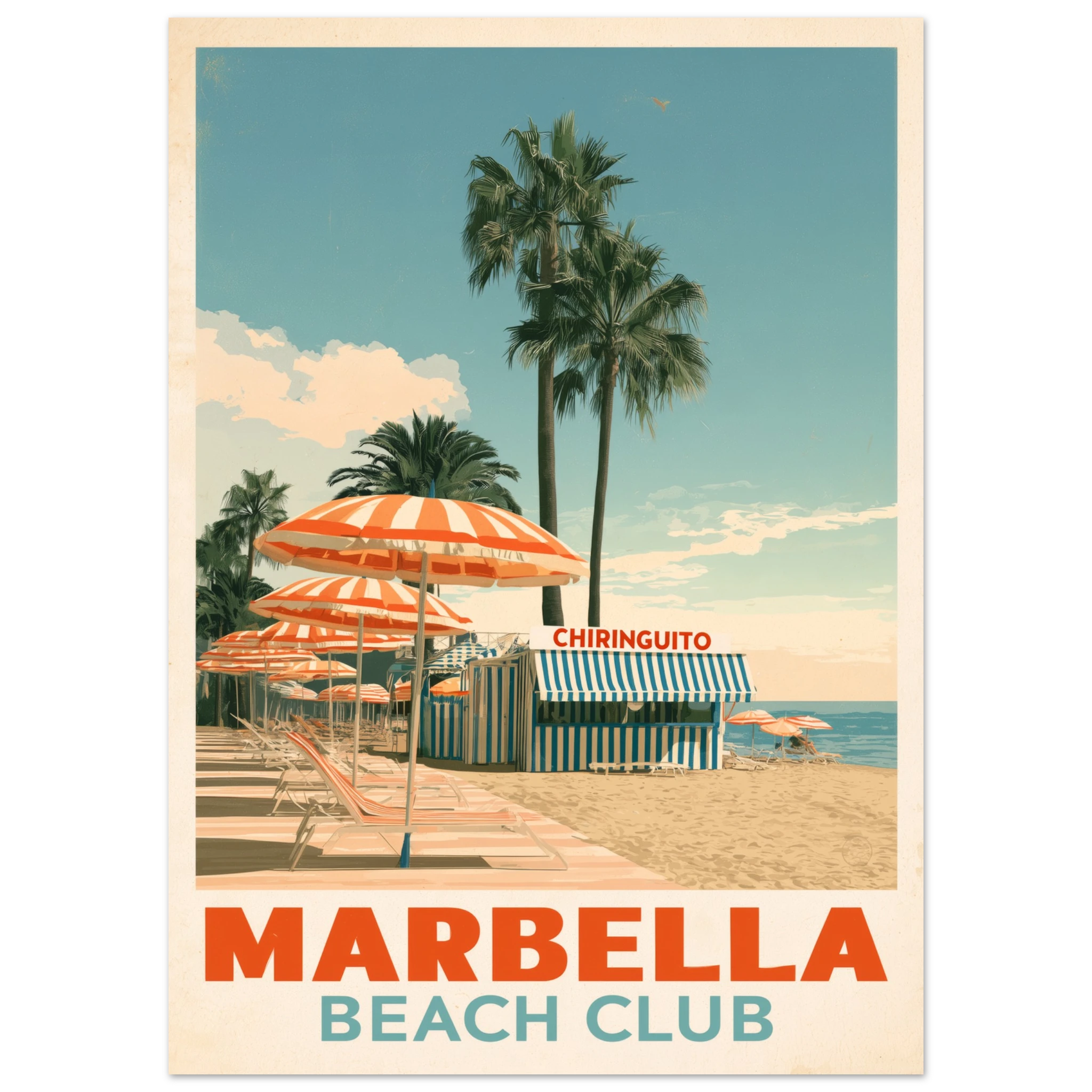 Marbella Beach Club matte art print - vintage travel poster Mediterranean wall art